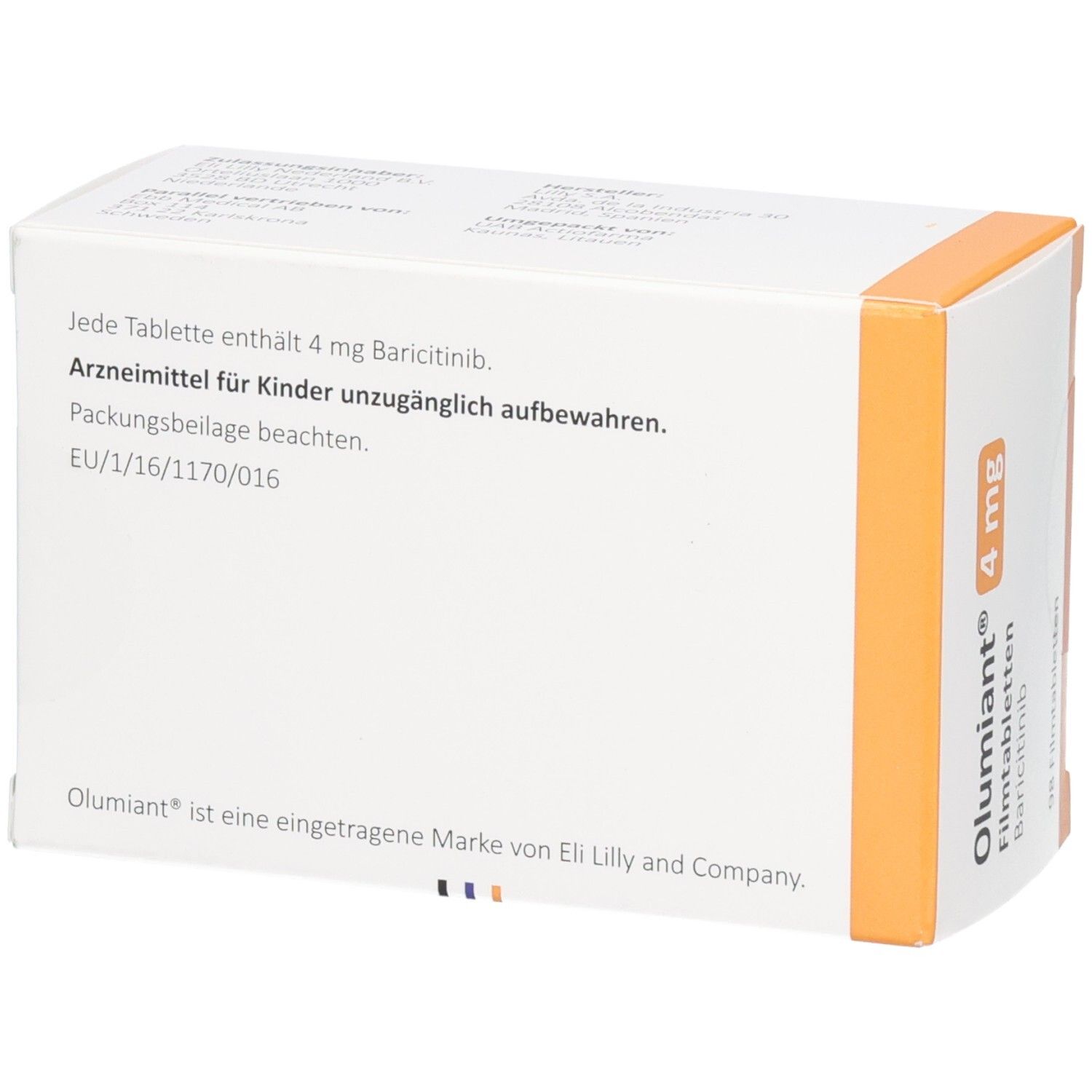 Rückseite der Olumiant 4 mg Filmtabletten Verpackung mit Dosierung und Hinweisen.