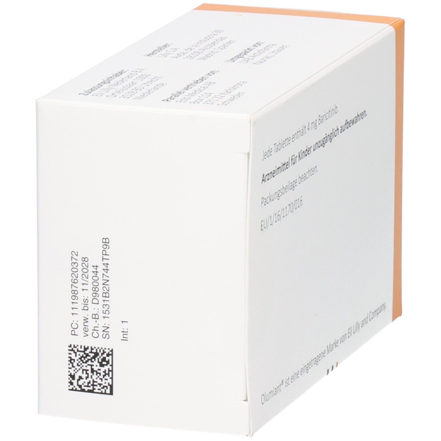 Seitenansicht der Olumiant 4 mg Filmtabletten Verpackung mit Chargennummer und Verfallsdatum.