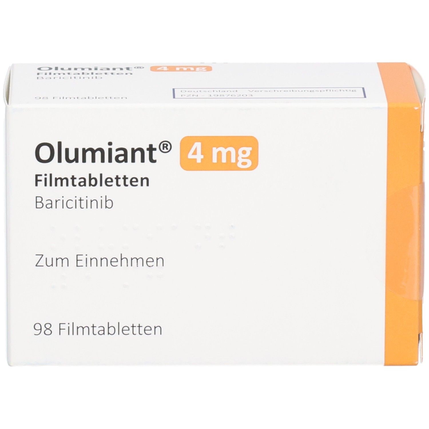 Vorderseite der Olumiant 4 mg Filmtabletten Verpackung, 98 Tabletten, Baricitinib.