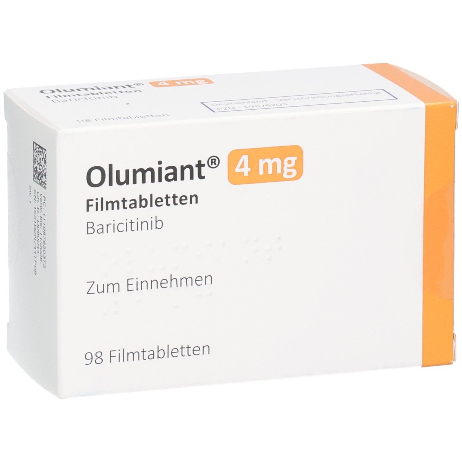 Verpackung von Olumiant 4 mg Filmtabletten, 98 Stück, Baricitinib, zum Einnehmen.