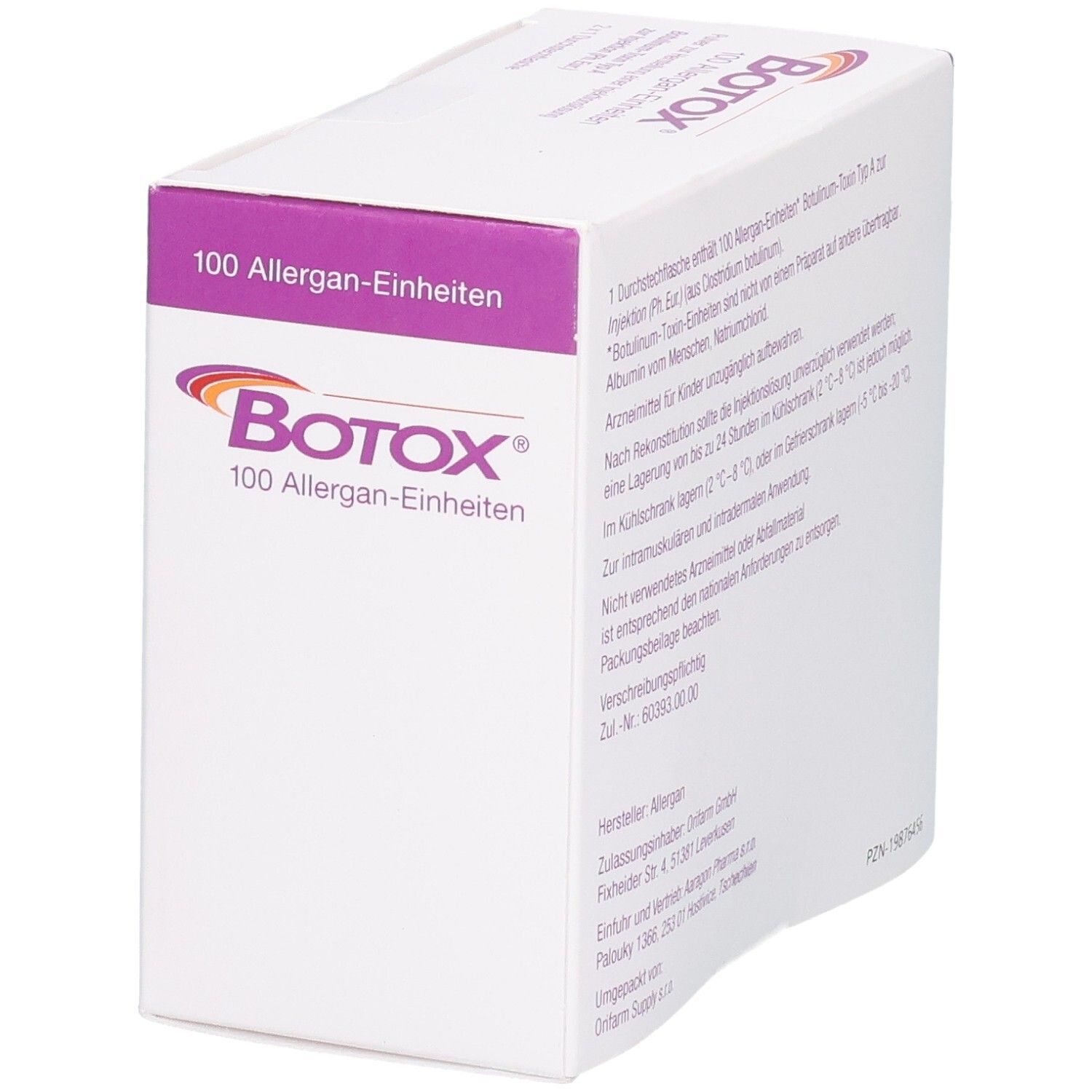 BOTOX Multipack 2x100 Allergan-Einheiten Karton, Rückseite mit Details. Enthält Pulver zur Herstellung einer Injektionslösung.