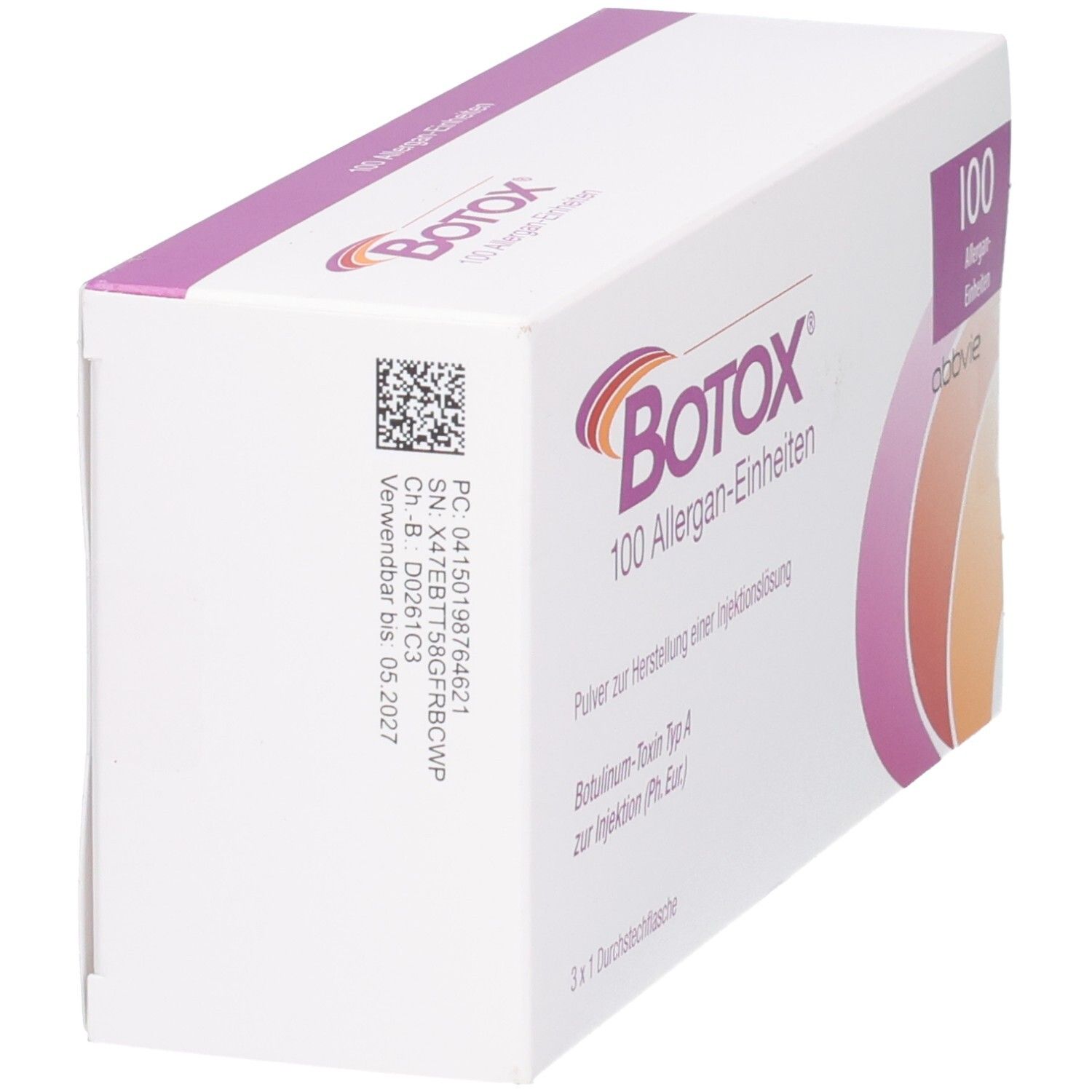BOTOX 100 Allergan-Einheiten. Packung mit Chargennummer und Verfallsdatum 05/2027.