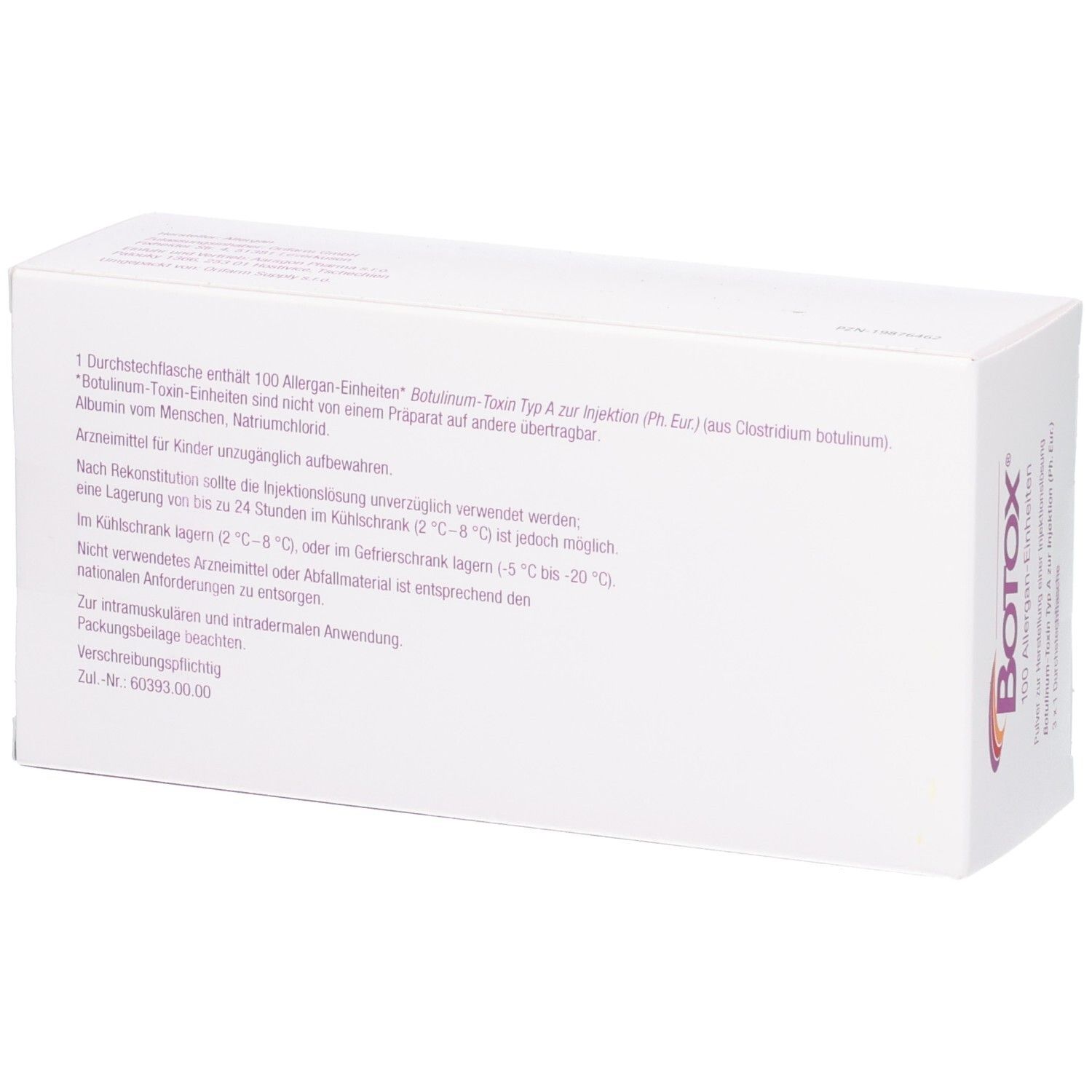 BOTOX 100 Allergan-Einheiten. Packungsbeilage mit Lagerungs- und Anwendungshinweisen.
