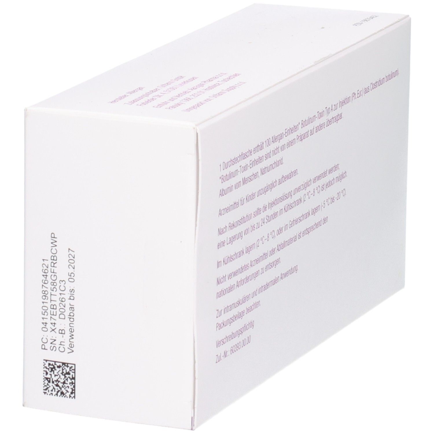 BOTOX 100 Allergan-Einheiten. Rückseite der Packung mit Chargennummer und Verfallsdatum 05/2027.