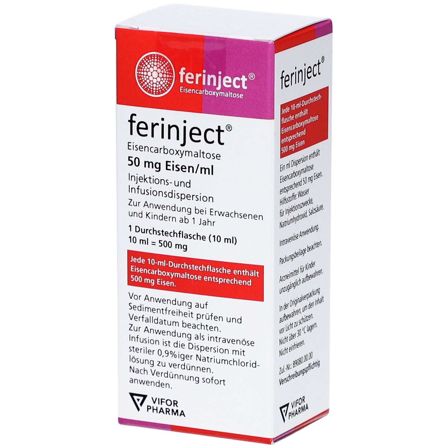 Verpackung von Ferinject. Aufschrift: 50 mg Eisen/ml, Injektions- und Infusionsdispersion. Rote und weiße Farbgebung.