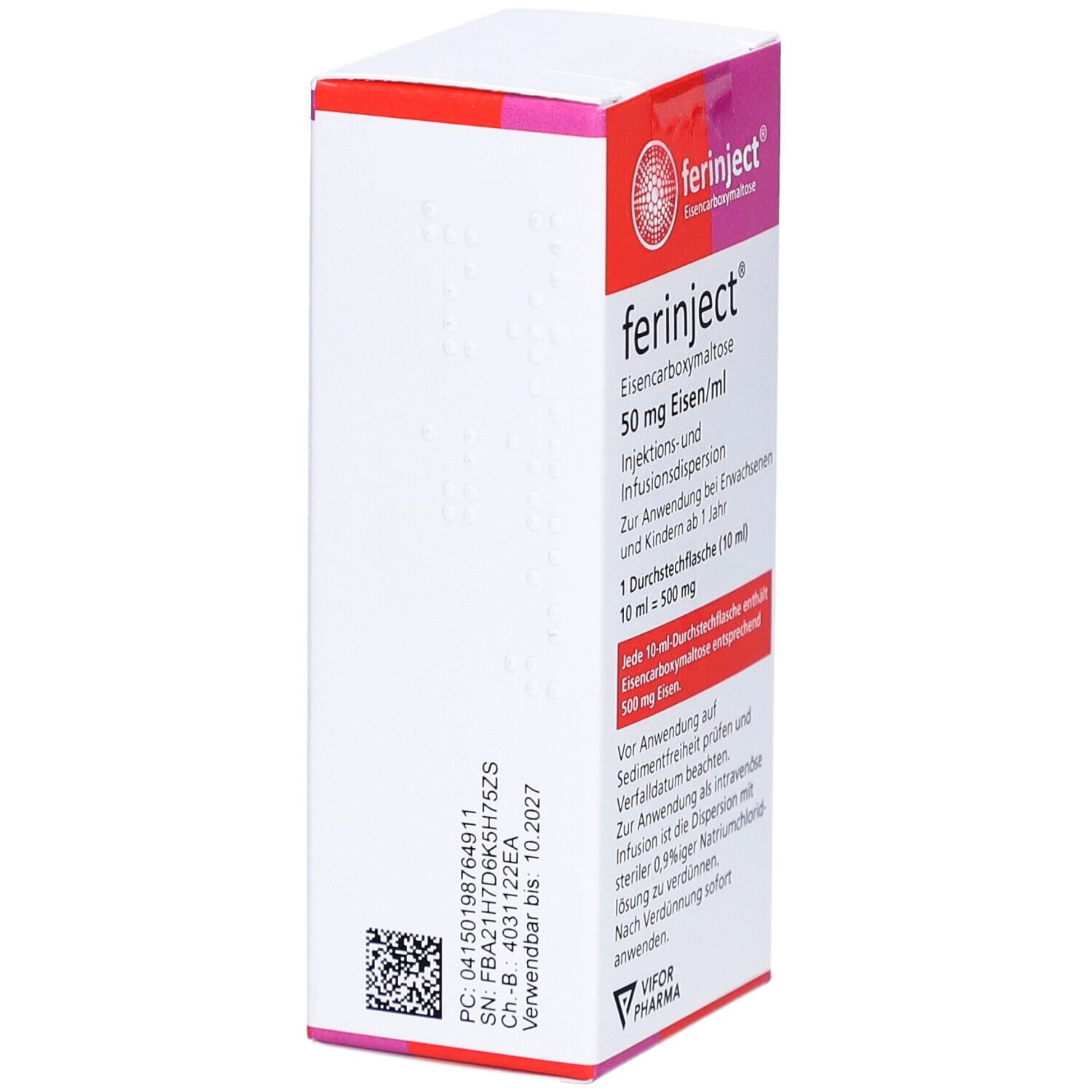 Seitenansicht der Ferinject-Verpackung. Text: 50 mg Eisen/ml, Injektions- und Infusionsdispersion. Farbgebung: Weiß, Rot und Pink.