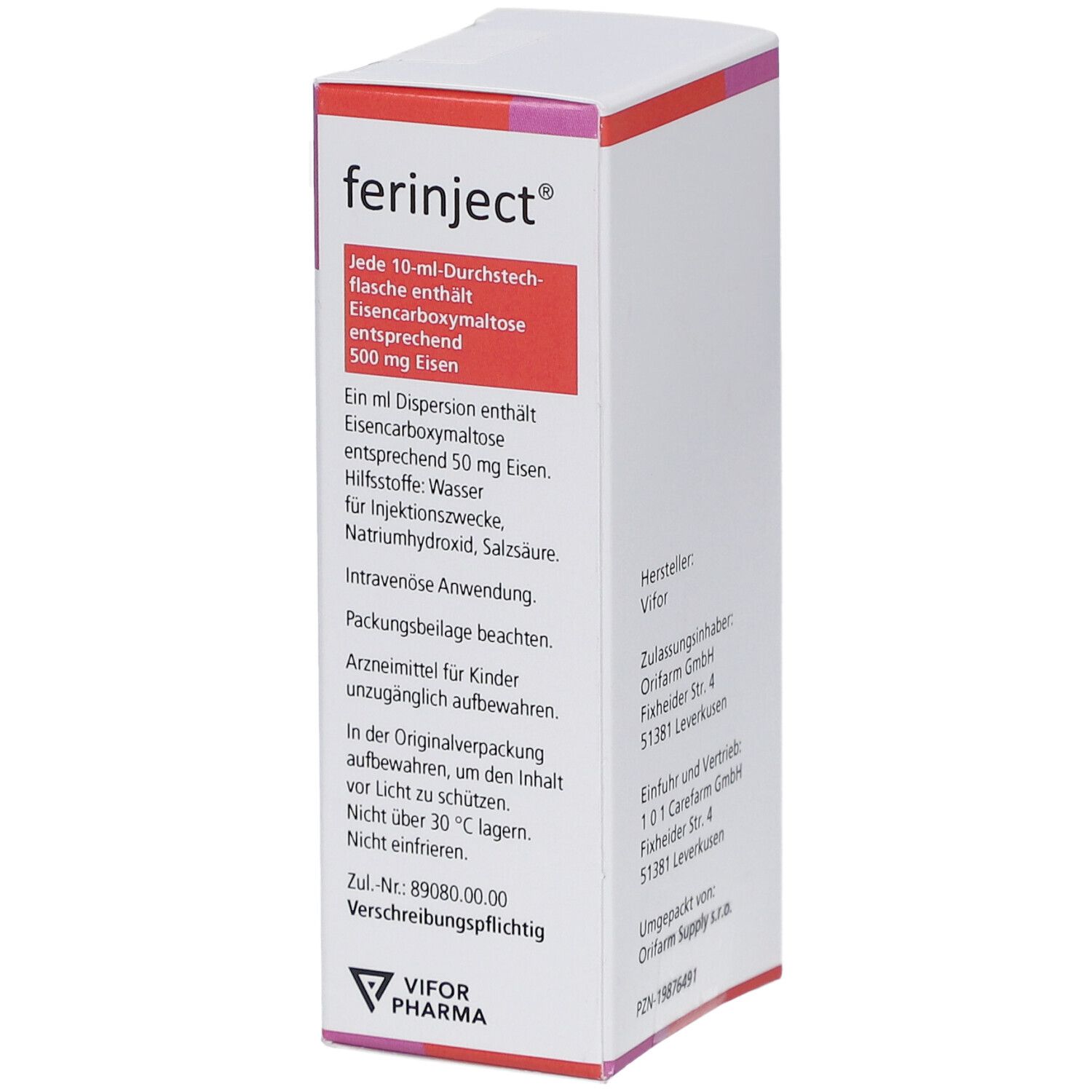 Seitenansicht der Ferinject-Verpackung. Text: 50 mg Eisen/ml, Injektions- und Infusionsdispersion. Farbgebung: Weiß, Rot und Pink.