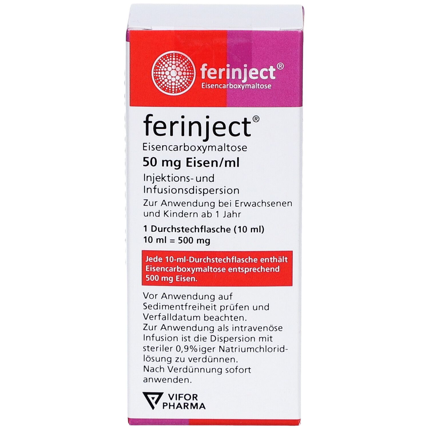 Vorderansicht der Ferinject-Verpackung. Aufschrift: 50 mg Eisen/ml, Injektions- und Infusionsdispersion. Rote und weiße Farbgebung.