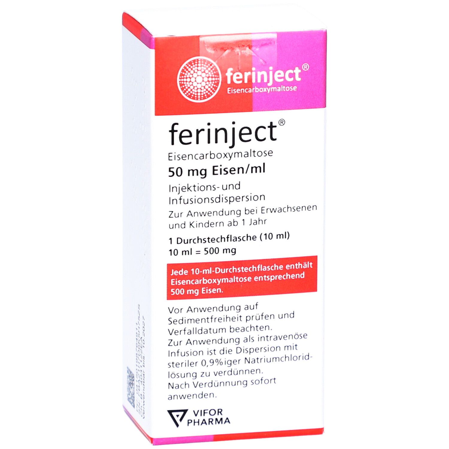 Vorderansicht der Ferinject-Verpackung. Aufschrift: 50 mg Eisen/ml, Injektions- und Infusionsdispersion. Rote und weiße Farbgebung.