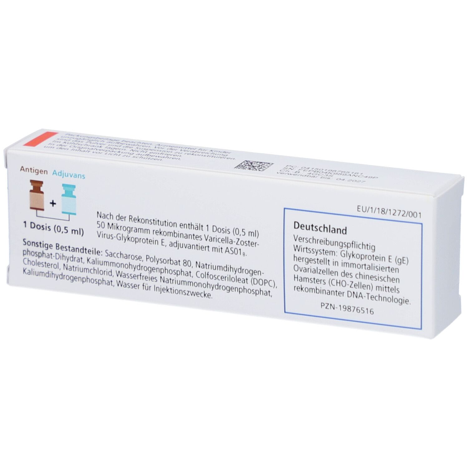 Rückseite der SHINGRIX-Schachtel. Enthält Informationen zu Inhaltsstoffen und Dosierung. Text in deutscher Sprache.