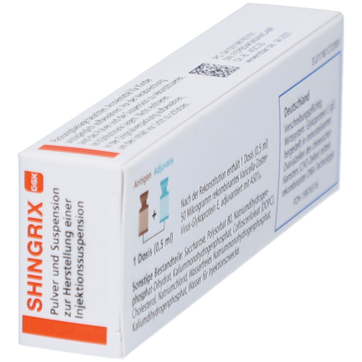 Schräg gestellte SHINGRIX-Schachtel. Enthält Informationen zu Inhaltsstoffen und Dosierung. Text in deutscher Sprache.