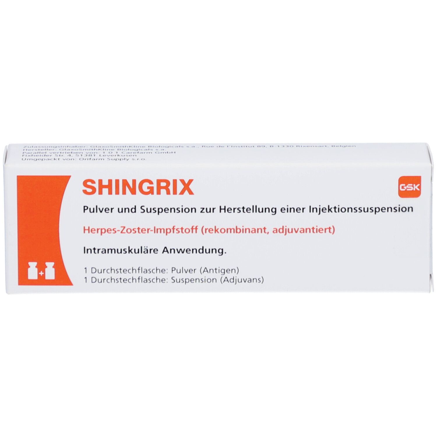 Weiße Schachtel mit SHINGRIX-Aufdruck. Enthält Pulver und Suspension zur Herstellung einer Injektionssuspension.