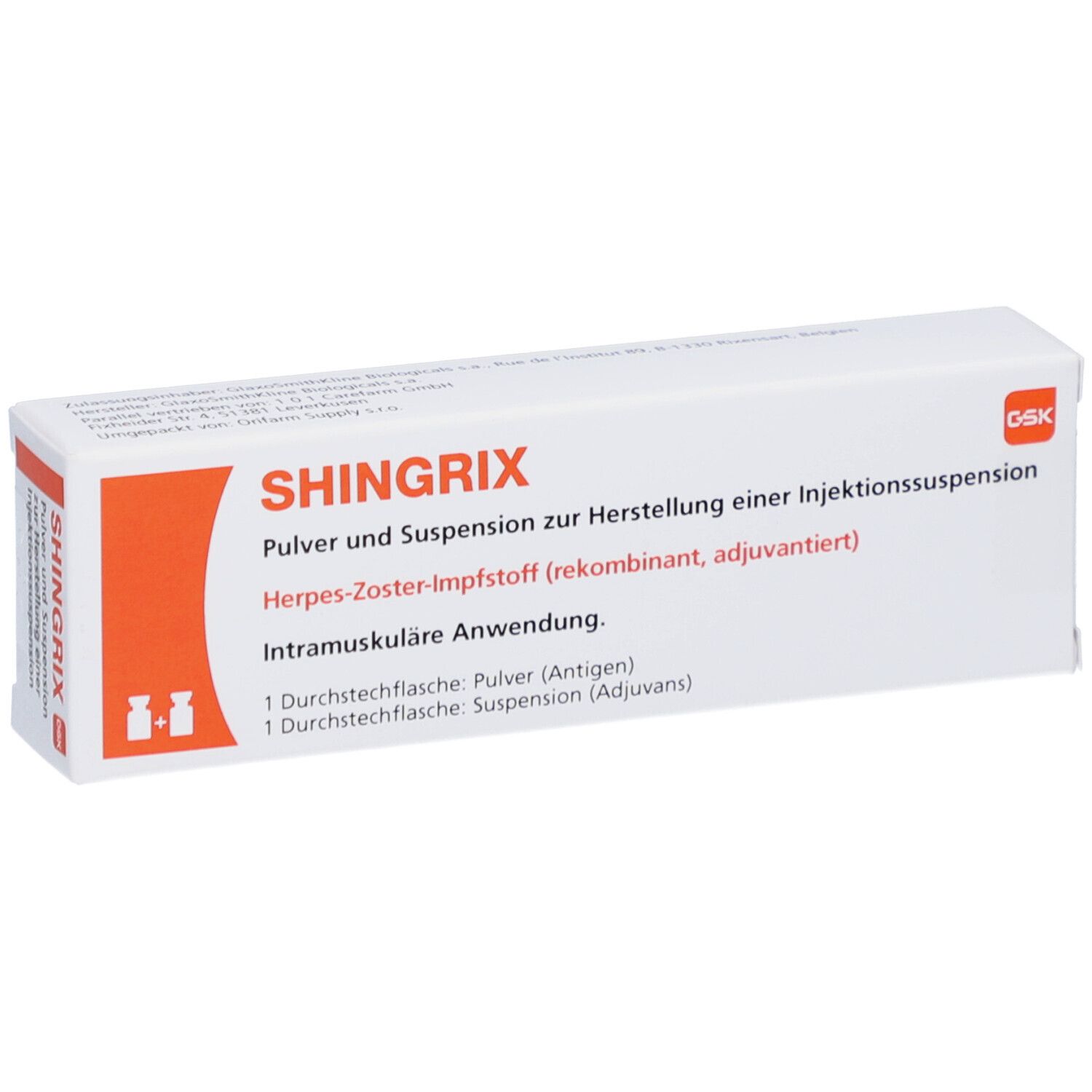 Weiße Schachtel mit SHINGRIX-Aufdruck. Enthält Pulver und Suspension zur Herstellung einer Injektionssuspension.