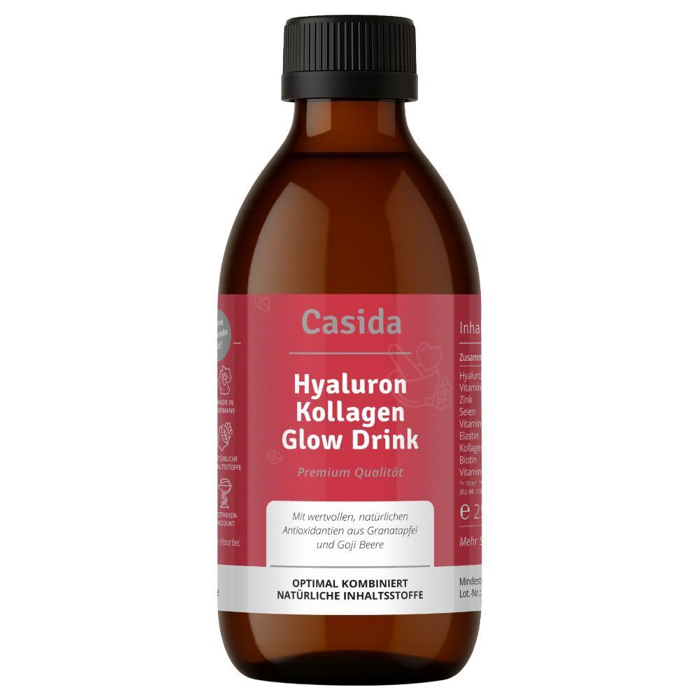 Braune Glasflasche mit schwarzem Deckel. Rotes Etikett mit Text: Casida Hyaluron Kollagen Glow Drink.
