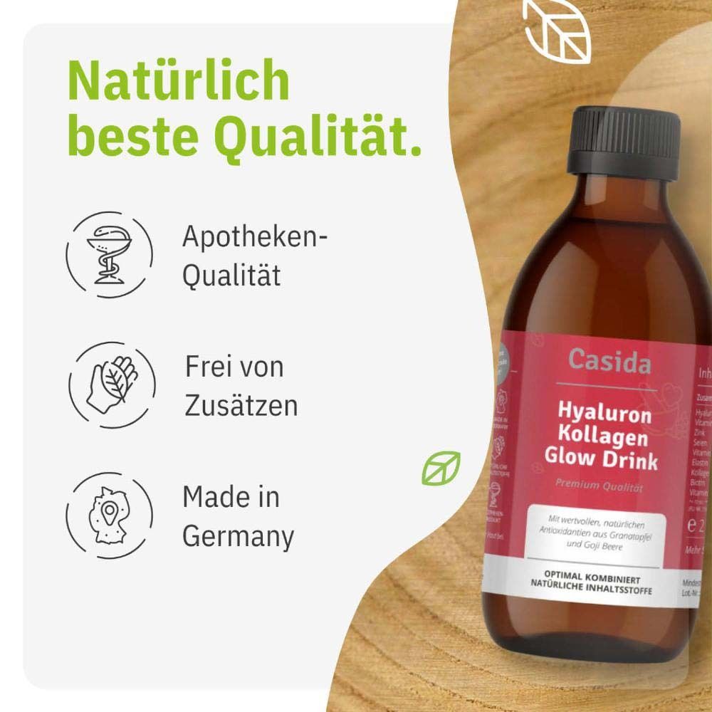 Glasflasche mit Etikett. Apotheken-Qualität, frei von Zusätzen, Made in Germany. Hintergrund: Holz.