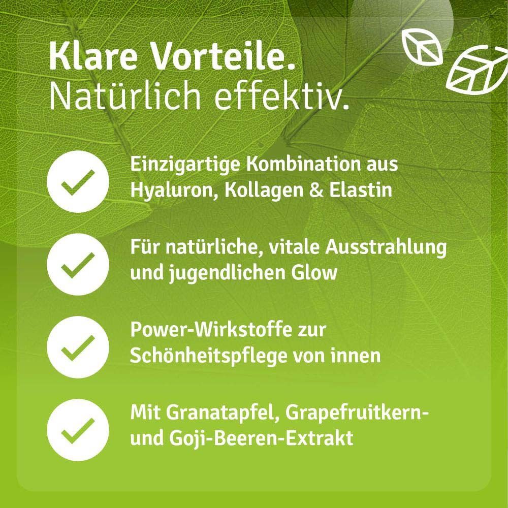 Grafik mit Vorteilen. Kombination aus Hyaluron, Kollagen & Elastin. Für natürliche Ausstrahlung. Mit Granatapfel-Extrakt.