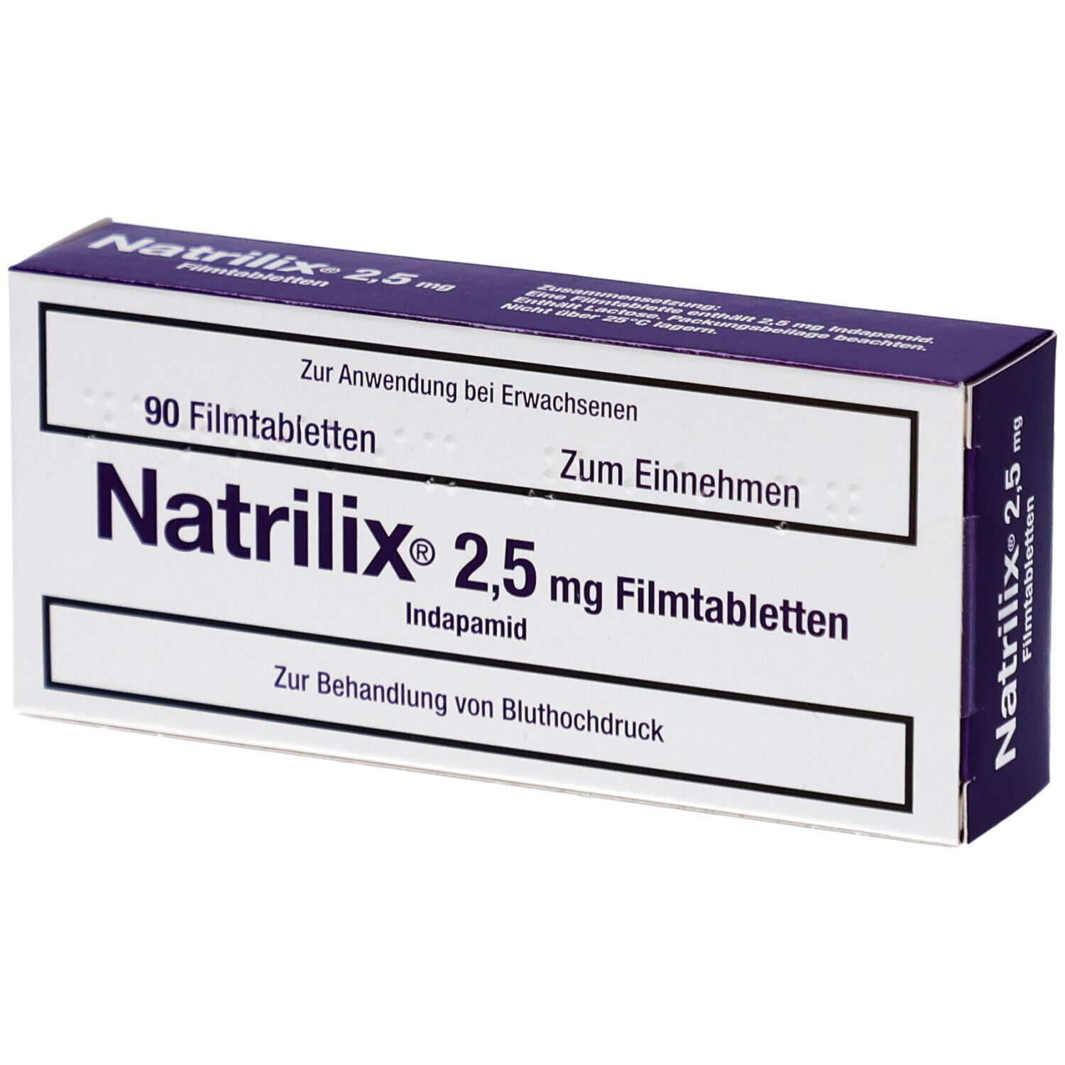 Schachtel mit Natrilix 2,5 mg Filmtabletten. Aufschrift: 90 Filmtabletten, Indapamid. Zur Behandlung von Bluthochdruck.