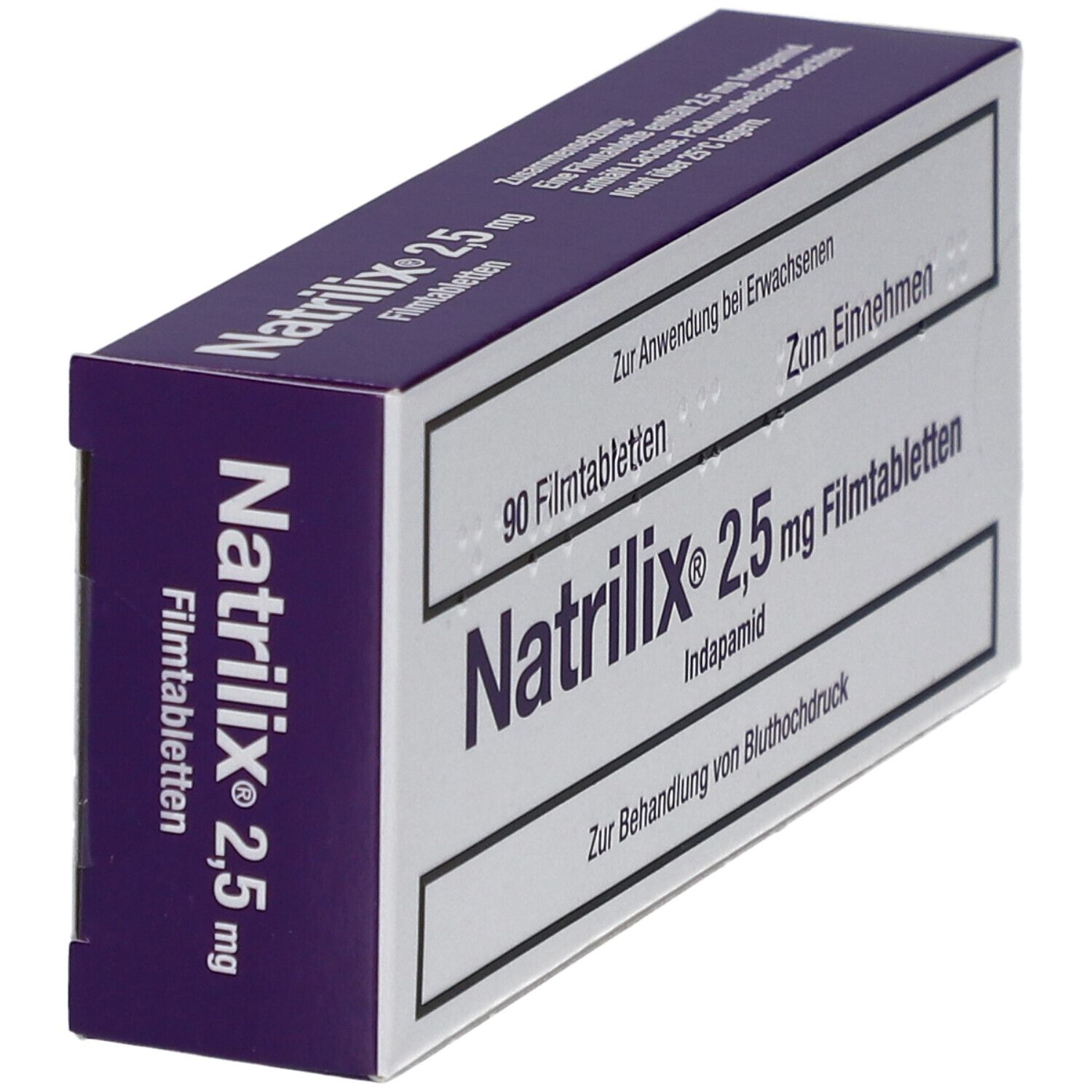 Schachtel mit Natrilix 2,5 mg Filmtabletten. Aufschrift: 90 Filmtabletten, Indapamid. Zur Behandlung von Bluthochdruck.