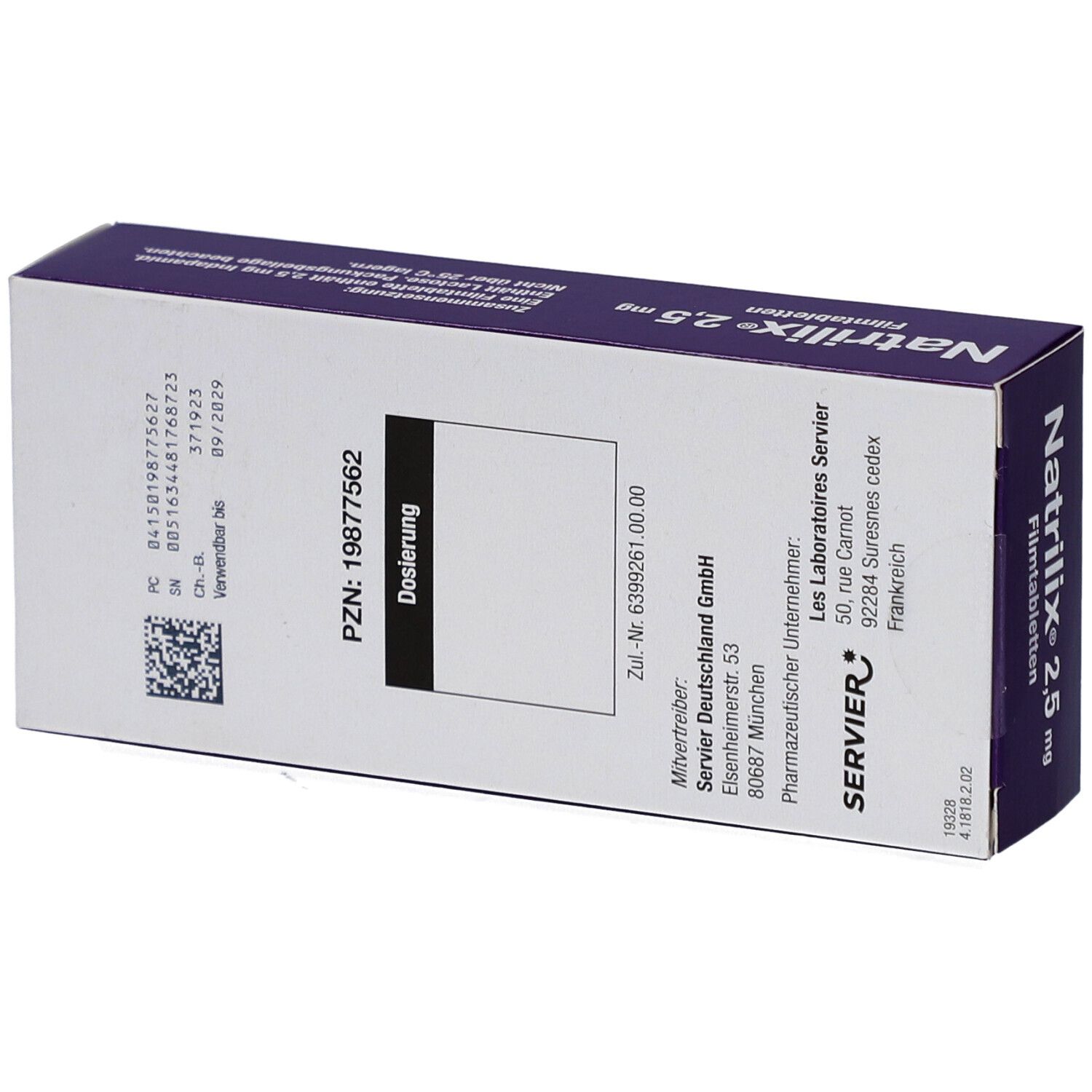 Schachtel mit Natrilix 2,5 mg Filmtabletten. Rückseite mit Informationen, PZN-Nummer und Herstellerangaben.