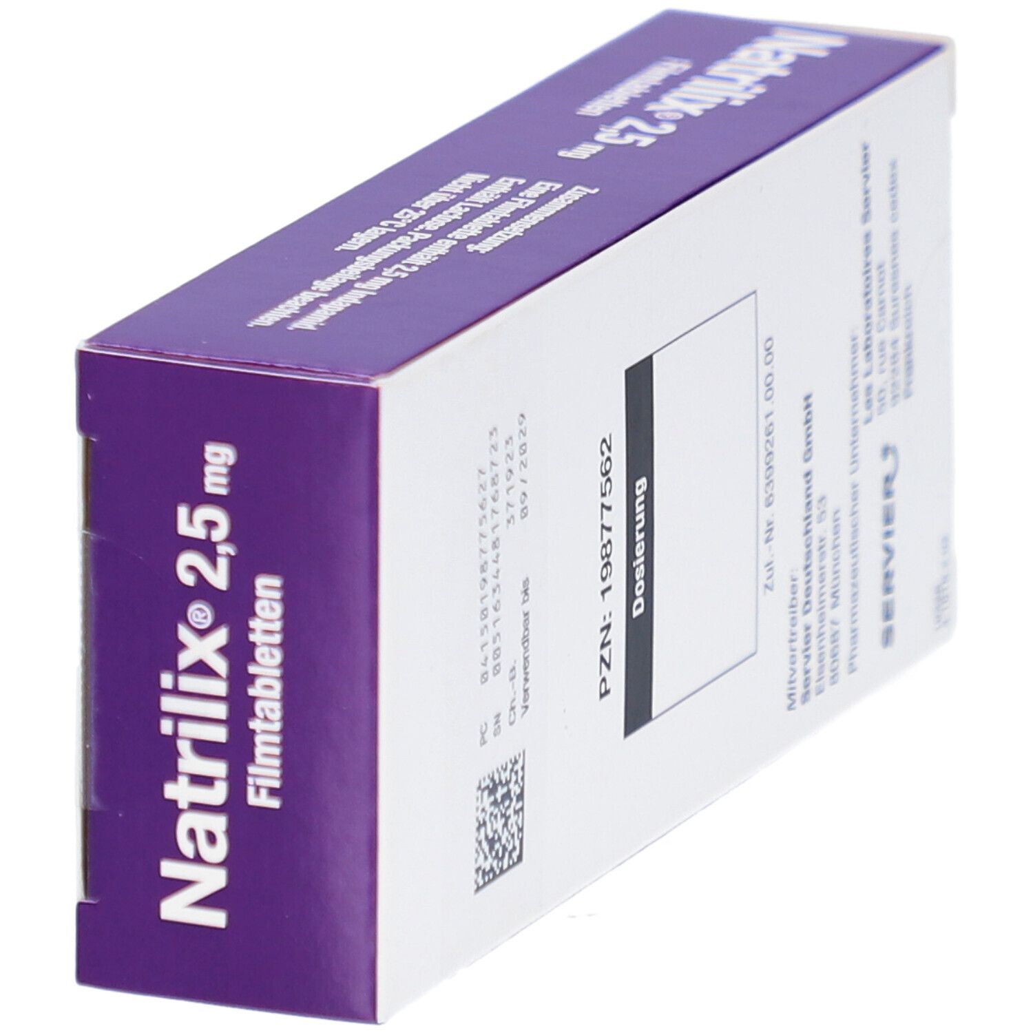 Schachtel mit Natrilix 2,5 mg Filmtabletten. Rückseite mit Informationen, PZN-Nummer und Herstellerangaben.