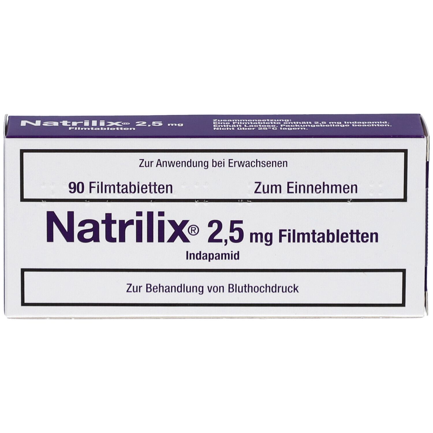 Schachtel mit Natrilix 2,5 mg Filmtabletten. Aufschrift: 90 Filmtabletten, Indapamid. Zur Behandlung von Bluthochdruck.
