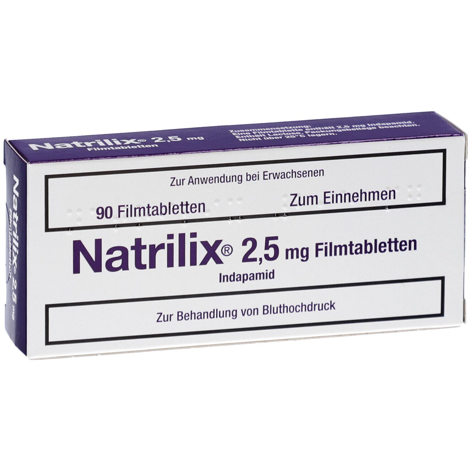Schachtel mit Natrilix 2,5 mg Filmtabletten. Aufschrift: 90 Filmtabletten, Indapamid. Zur Behandlung von Bluthochdruck.