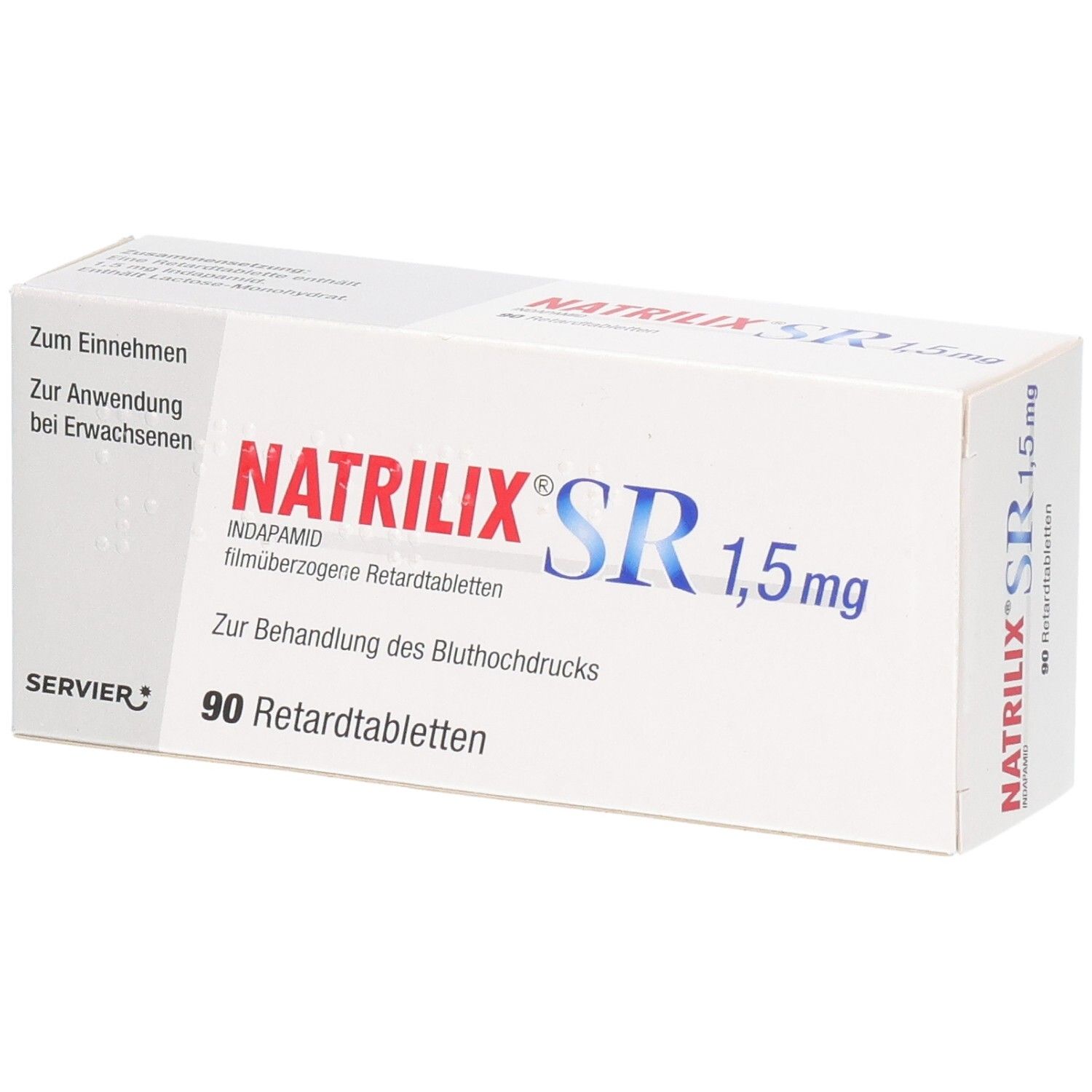 Weiße Faltschachtel mit rotem und blauem Schriftzug NATRILIX SR 1,5 mg. Enthält 90 Retardtabletten. Hersteller: Servier.