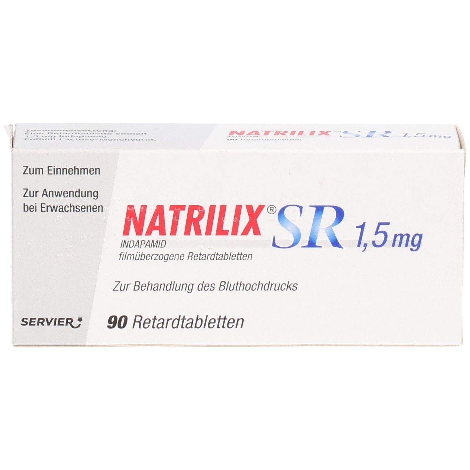 Weiße Faltschachtel mit rotem und blauem Schriftzug NATRILIX SR 1,5 mg. Enthält 90 Retardtabletten. Hersteller: Servier.