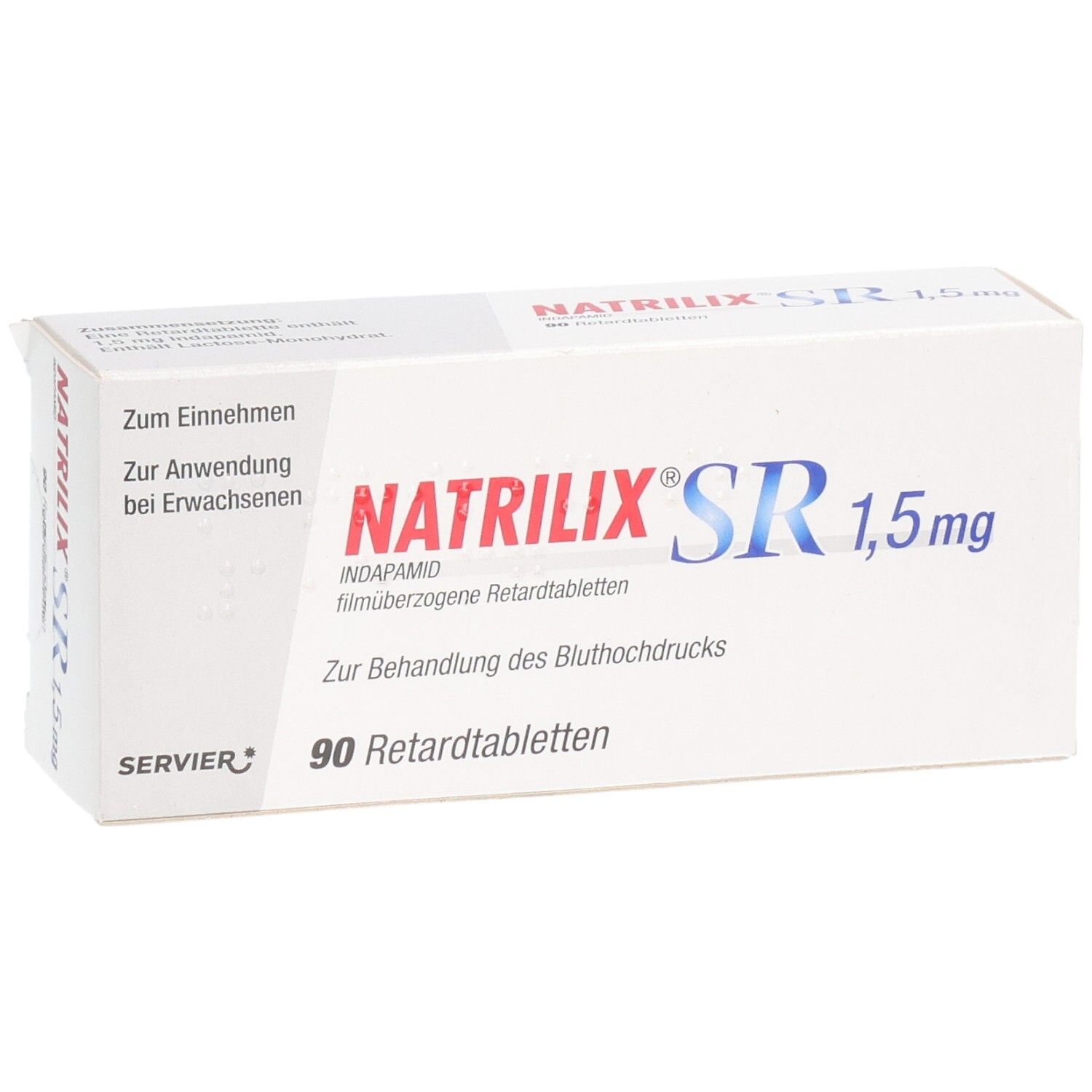 Weiße Faltschachtel mit rotem und blauem Schriftzug NATRILIX SR 1,5 mg. Enthält 90 Retardtabletten. Hersteller: Servier.