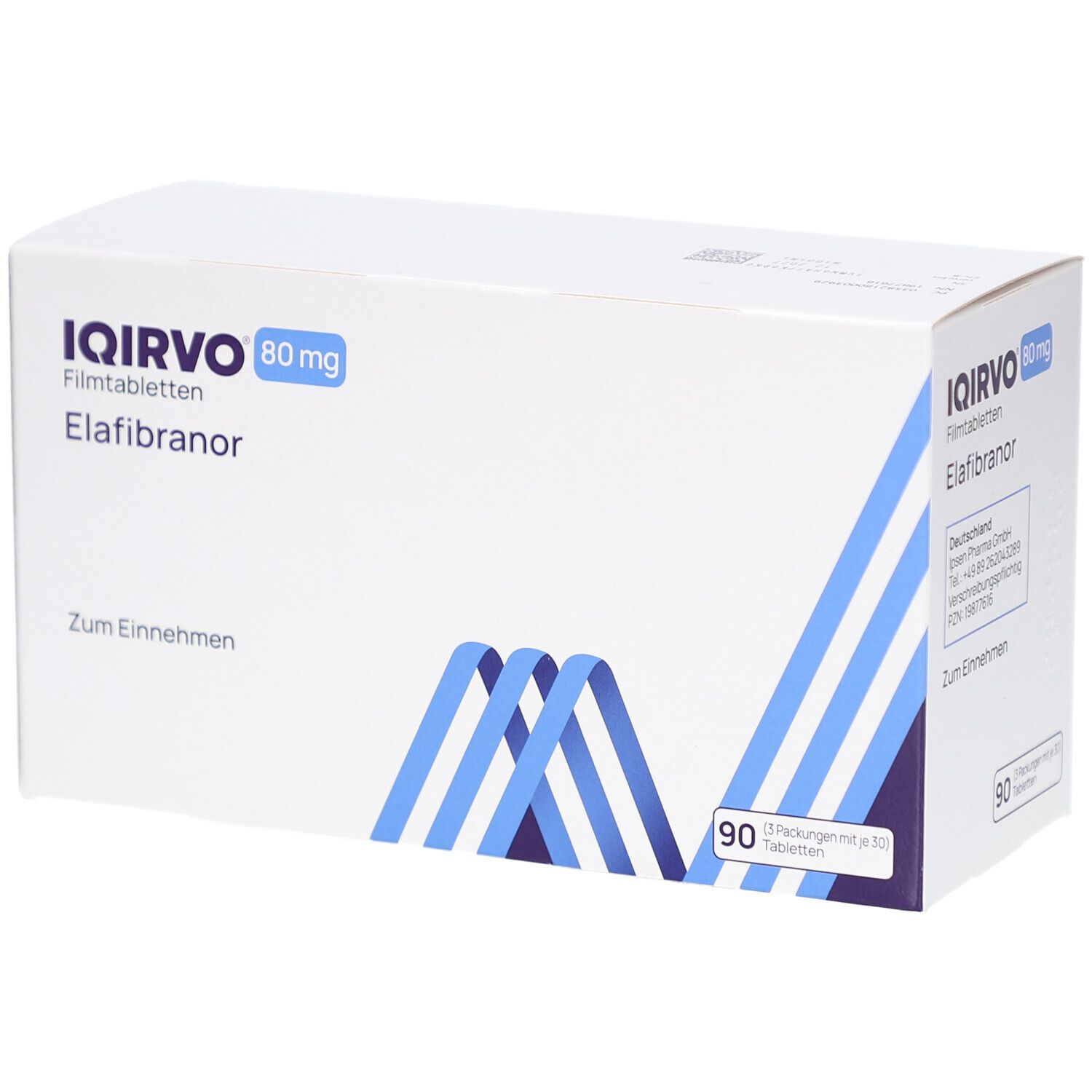 Schachtel mit IQIRVO 80 mg Filmtabletten. Enthält 90 Tabletten. Blaue und weiße Verpackung mit Produktinformationen.