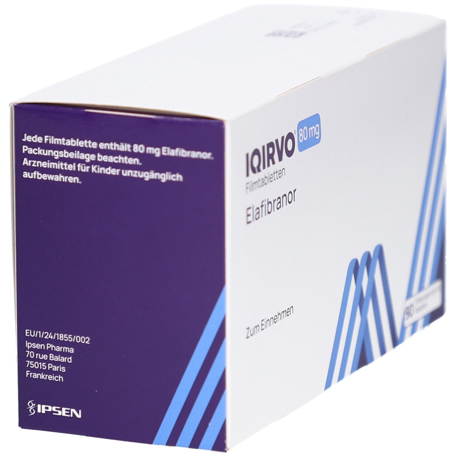 Schachtel mit IQIRVO 80 mg Filmtabletten. Enthält Produktinformationen und Herstelleradresse. Blaue und weiße Verpackung.