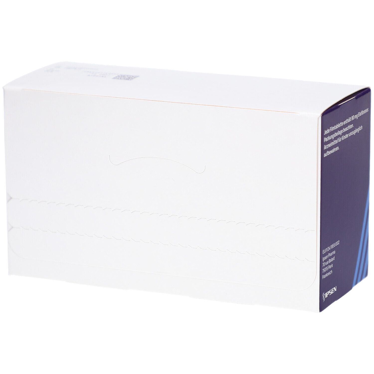 Weiße Schachtel mit IQIRVO 80 mg Filmtabletten. Seitenansicht mit Produktinformationen. Minimalistisches Design.