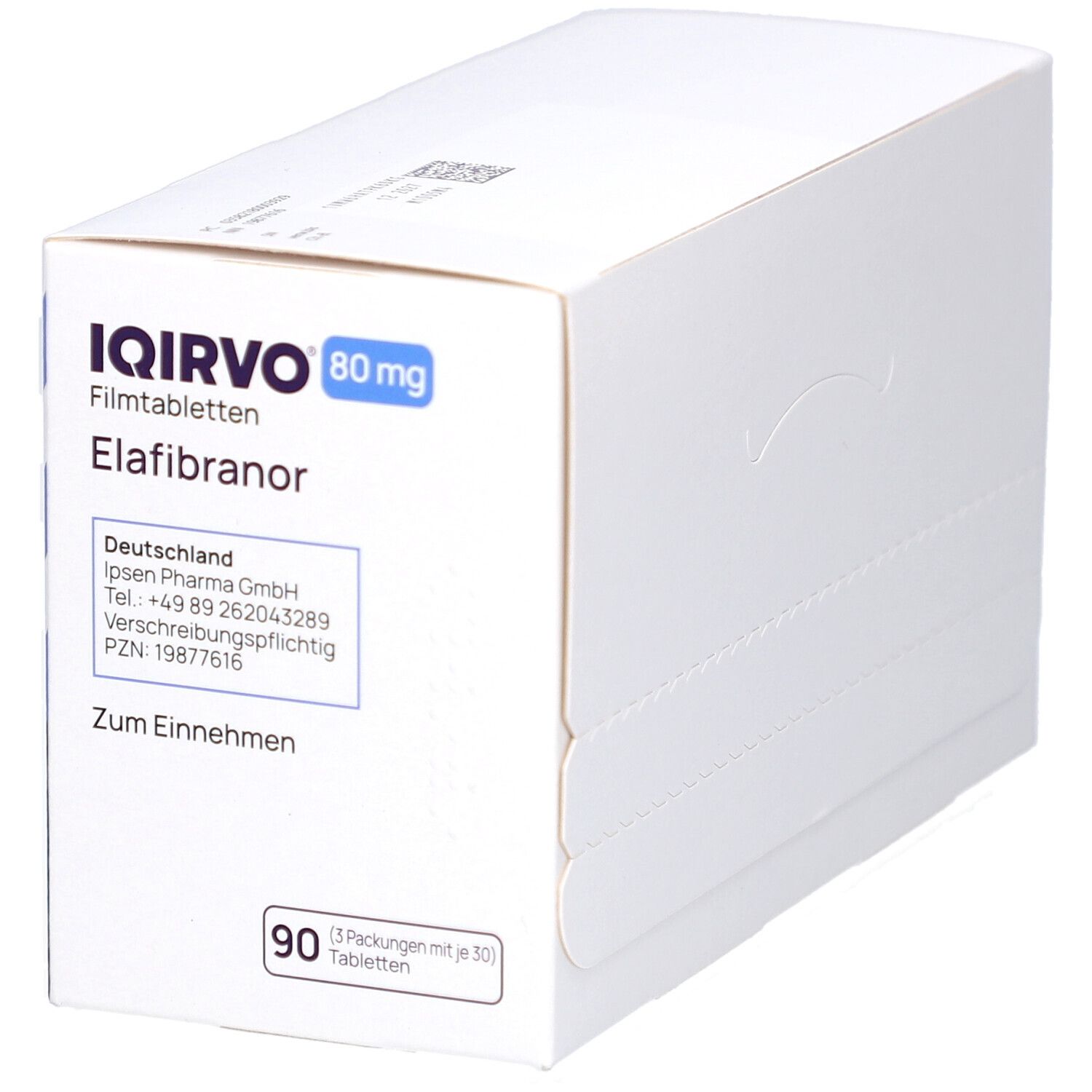 Schachtel mit IQIRVO 80 mg Filmtabletten. Enthält 90 Tabletten. Blaue und weiße Verpackung mit Produktinformationen.
