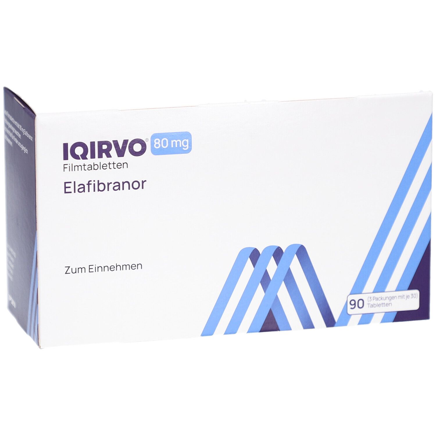Schachtel mit IQIRVO 80 mg Filmtabletten. Enthält 90 Tabletten. Blaue und weiße Verpackung mit Produktinformationen.