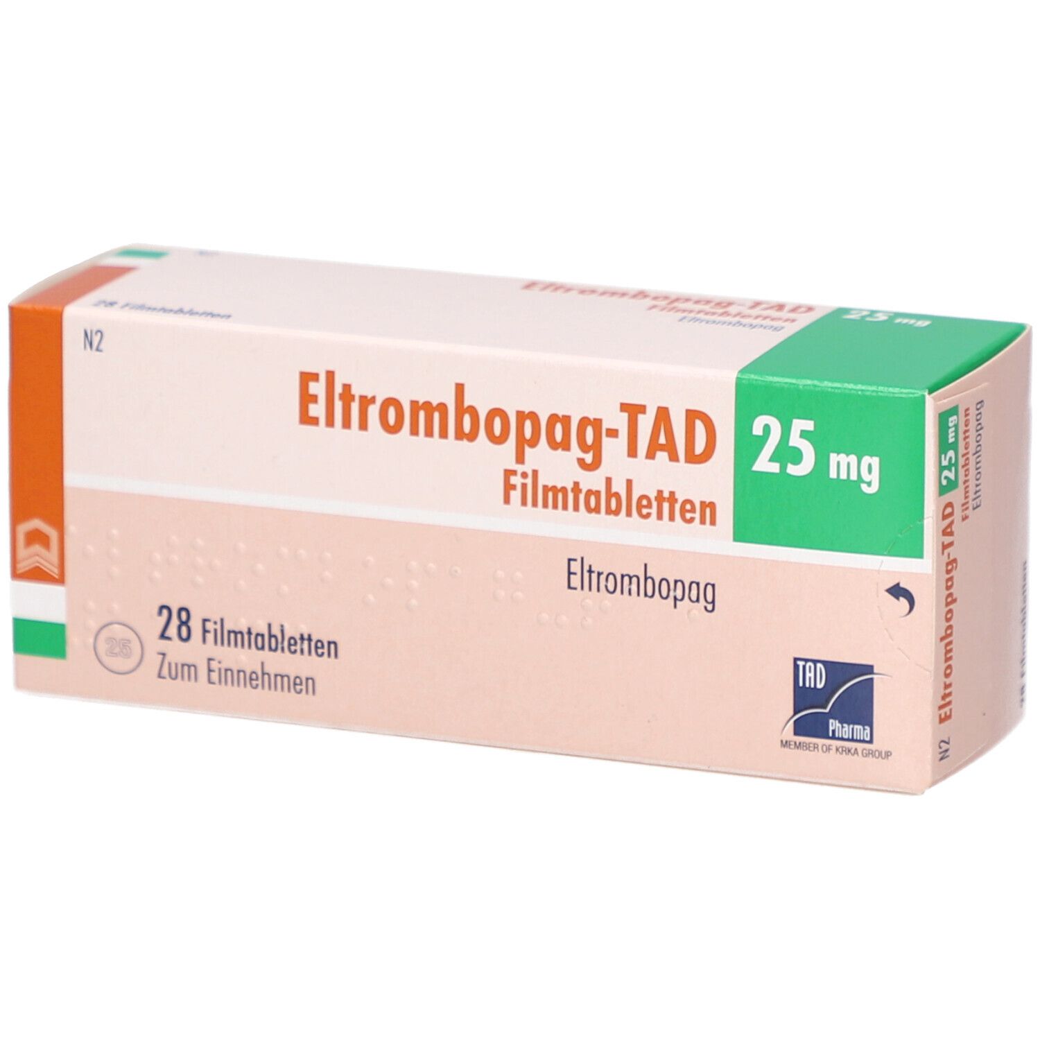 Schachtel mit ELTROMBOPAG-TAD 25 mg Filmtabletten. Aufdruck: 28 Filmtabletten, Eltrombopag, TRD Pharma Logo.