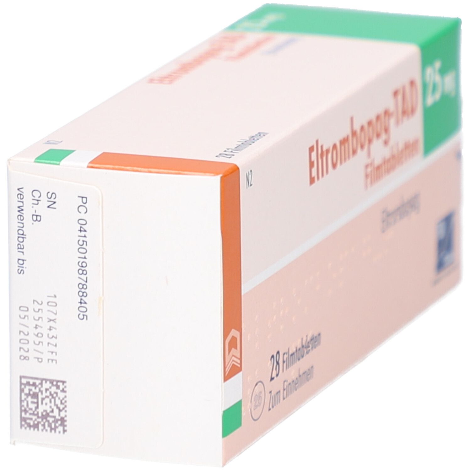Seitenansicht der Schachtel mit ELTROMBOPAG-TAD 25 mg Filmtabletten. Aufdruck: 28 Filmtabletten, Verfallsdatum, Chargennummer.