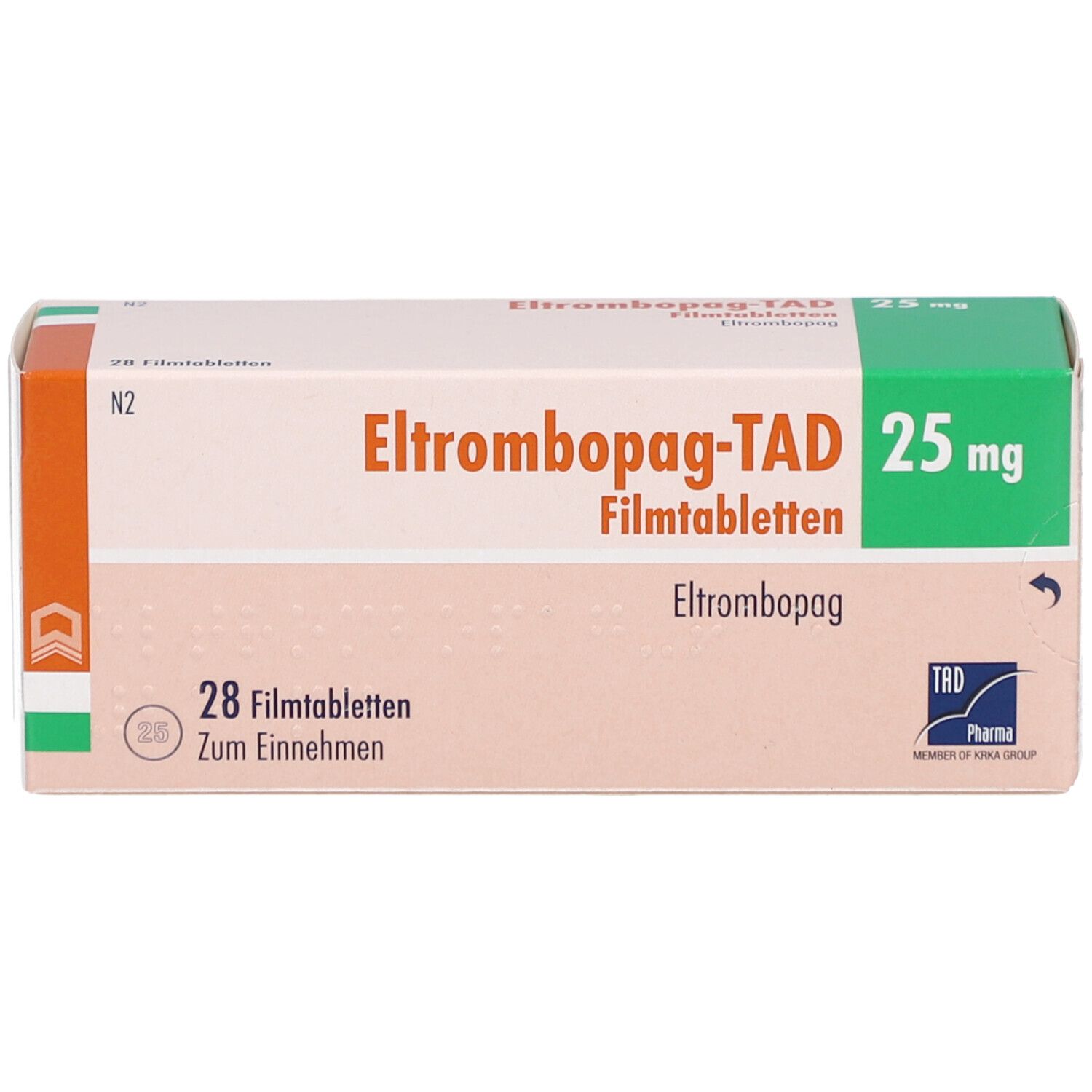 Schachtel mit ELTROMBOPAG-TAD 25 mg Filmtabletten. Aufdruck: 28 Filmtabletten, Eltrombopag, TRD Pharma Logo.
