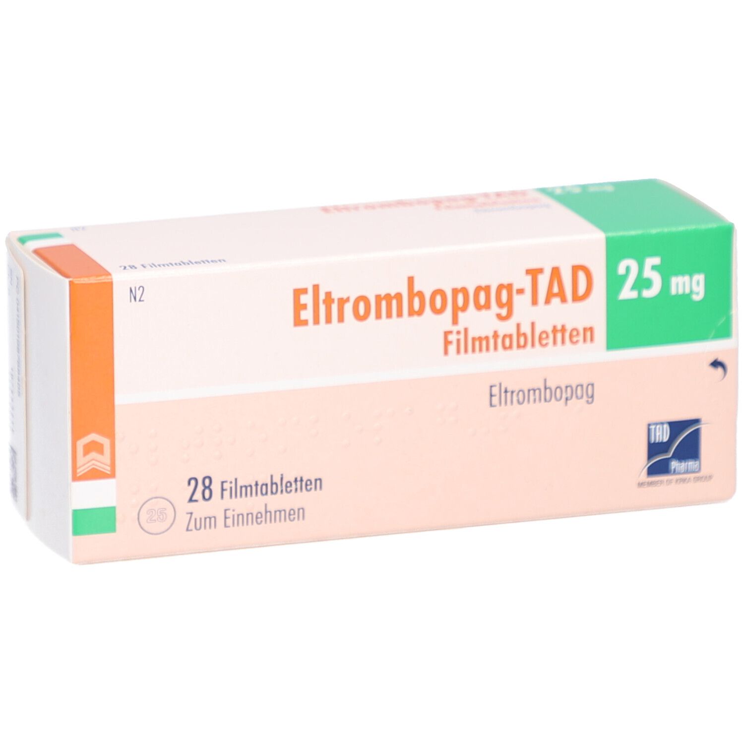 Schachtel mit ELTROMBOPAG-TAD 25 mg Filmtabletten. Aufdruck: 28 Filmtabletten, Eltrombopag, TRD Pharma Logo.
