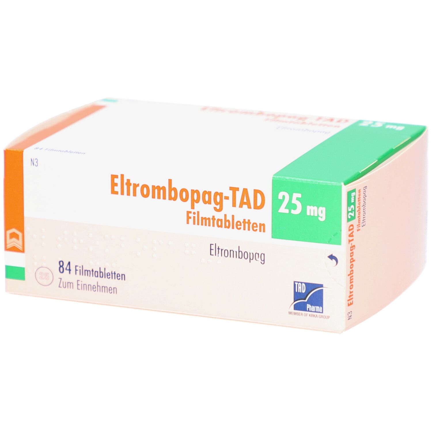 Schachtel mit ELTROMBOPAG-TAD 25 mg Filmtabletten. Aufschrift: 84 Filmtabletten. Grün, weiß und orangefarben.