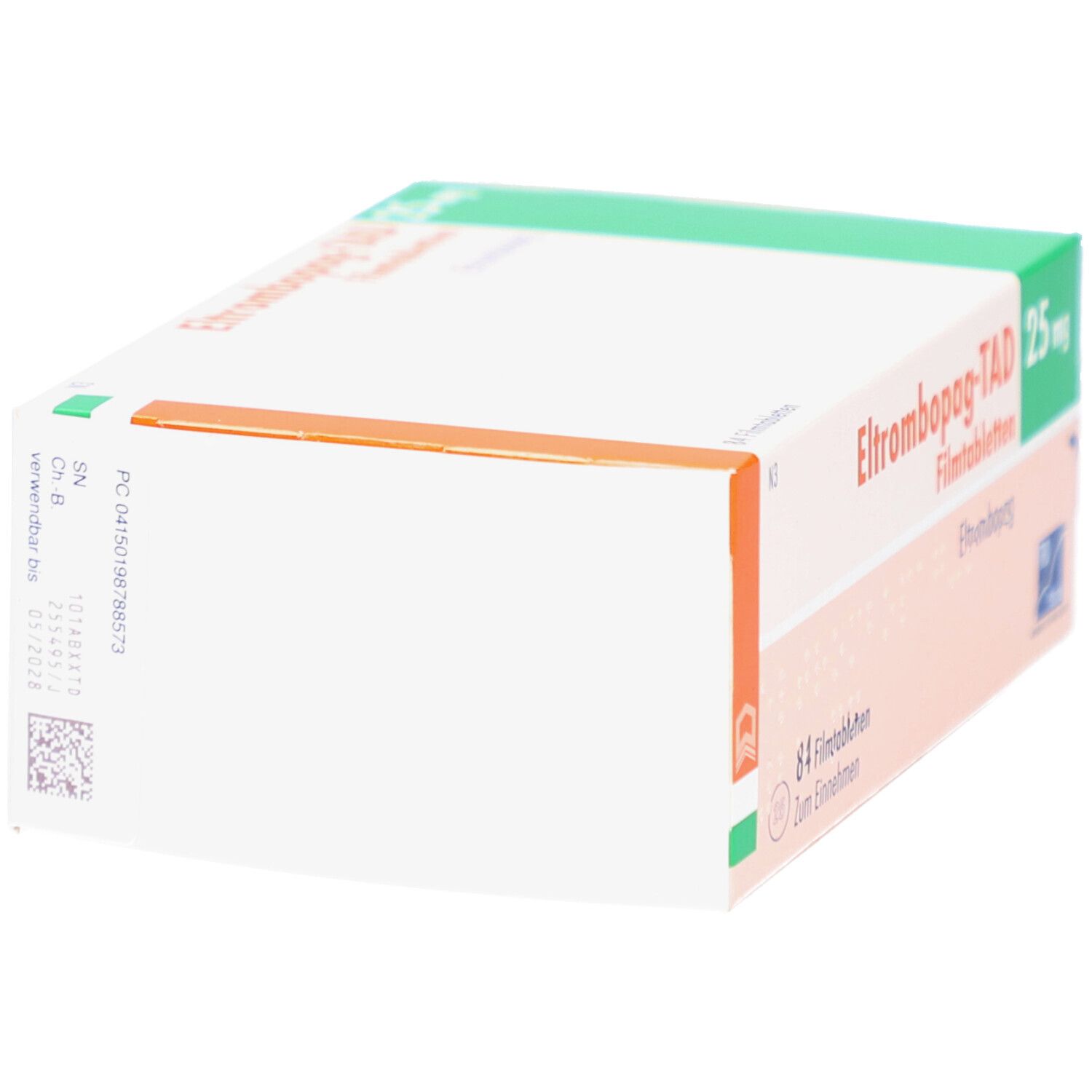Seitenansicht der Schachtel mit ELTROMBOPAG-TAD 25 mg Filmtabletten. Grün, weiß und orangefarben.