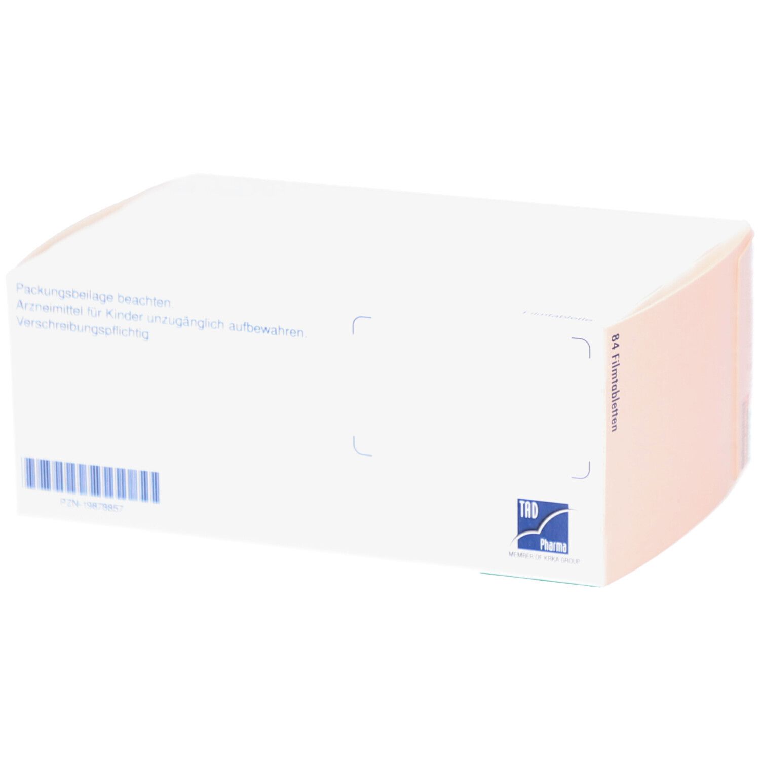 Weiße Schachtel mit Barcode und Text. Aufschrift: Packungsbeilage beachten. Arzneimittel für Kinder unzugänglich aufbewahren.