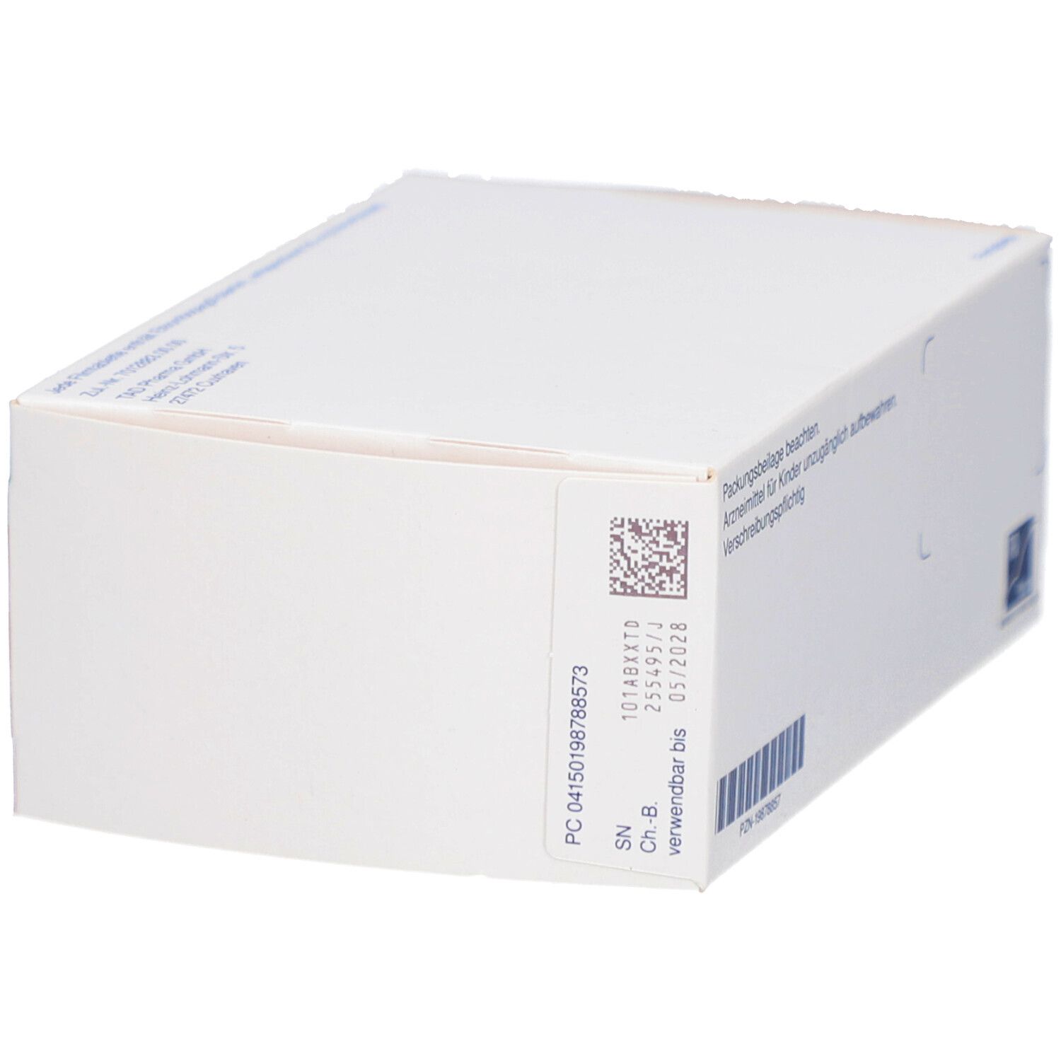 Weiße Schachtel mit Barcode und Text. Aufschrift: Packungsbeilage beachten. Arzneimittel für Kinder unzugänglich aufbewahren.