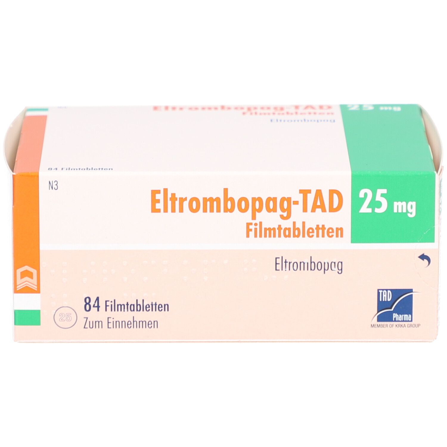Schachtel mit ELTROMBOPAG-TAD 25 mg Filmtabletten. Aufschrift: 84 Filmtabletten. Grün, weiß und orangefarben.
