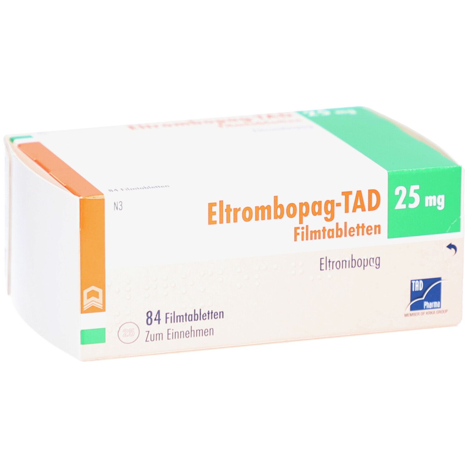 Schachtel mit ELTROMBOPAG-TAD 25 mg Filmtabletten. Aufschrift: 84 Filmtabletten. Grün, weiß und orangefarben.