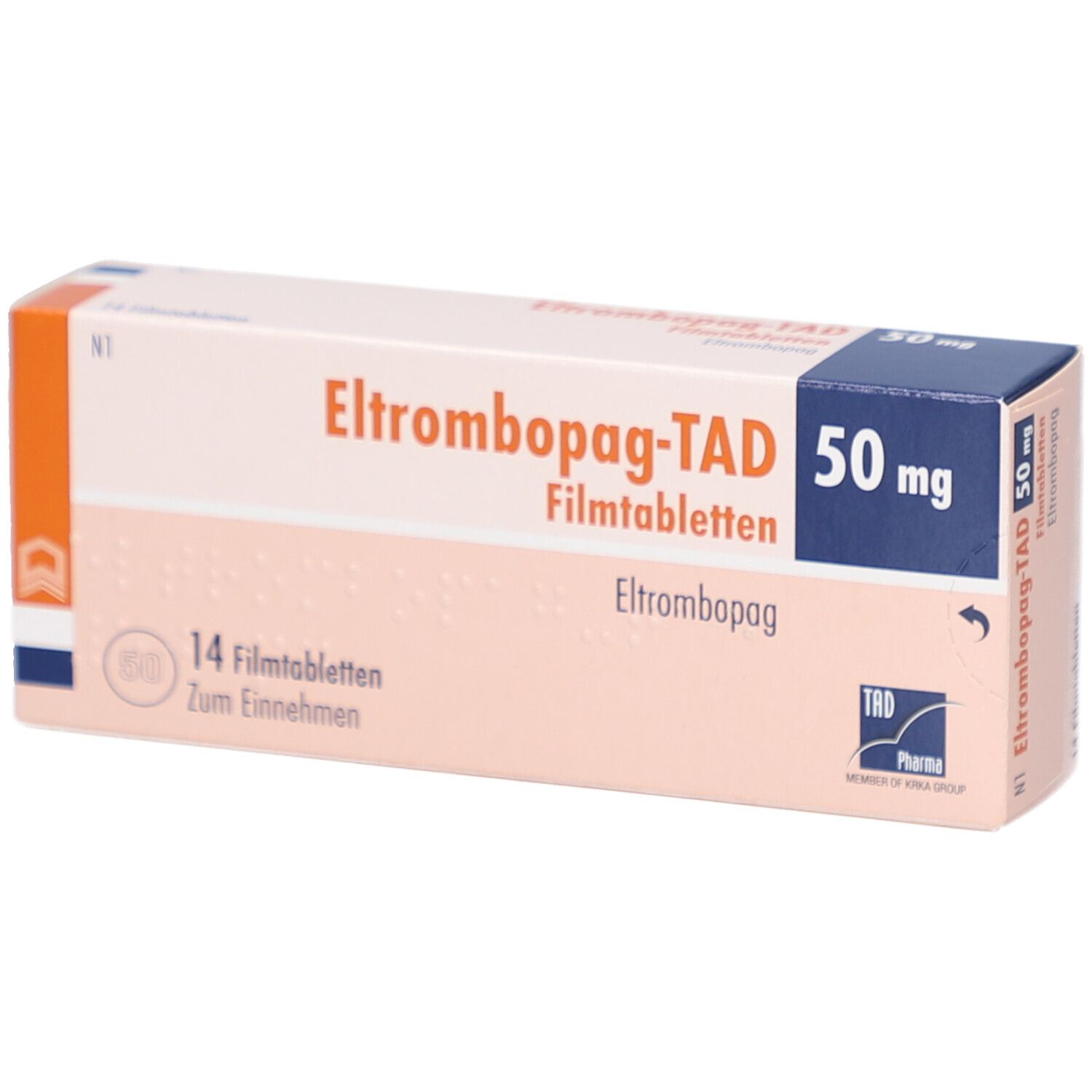 Schachtel mit ELTROMBOPAG-TAD 50 mg Filmtabletten. Aufschrift: 14 Filmtabletten. TAD Pharma Logo. Orange und blaue Akzente.