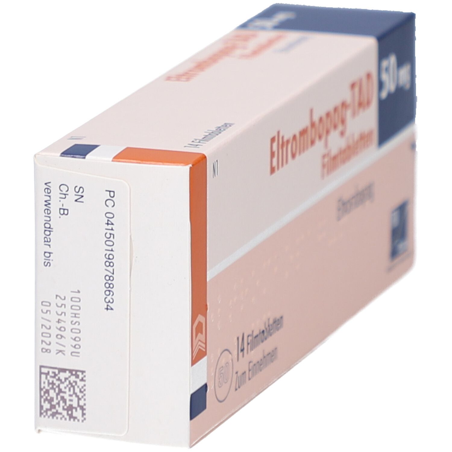 Schachtel ELTROMBOPAG-TAD 50 mg Filmtabletten. Seitenansicht. Aufschrift: 14 Filmtabletten. Verfallsdatum. TAD Pharma Logo.