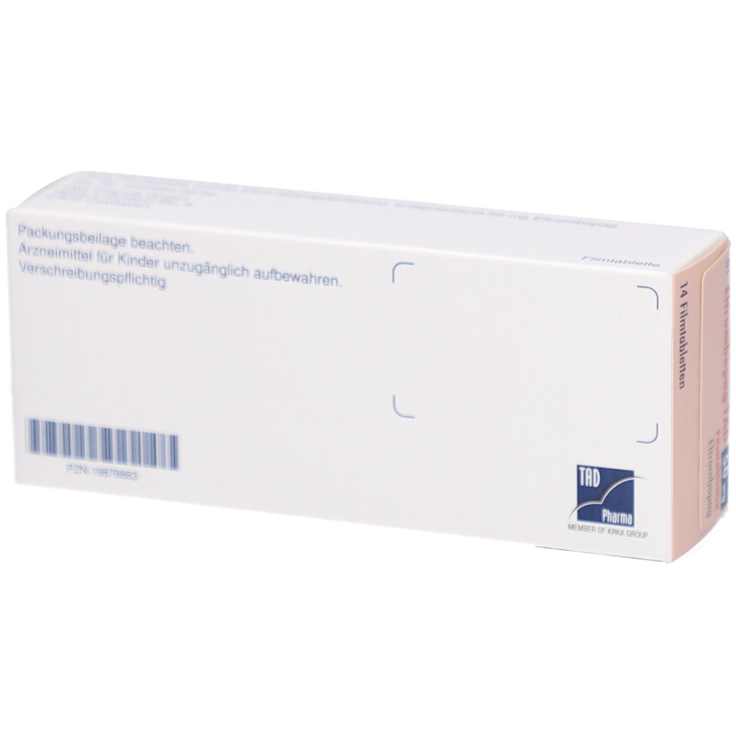 Rückseite der Schachtel mit Informationen. Aufschrift: 14 Filmtabletten. Barcode und TAD Pharma Logo.