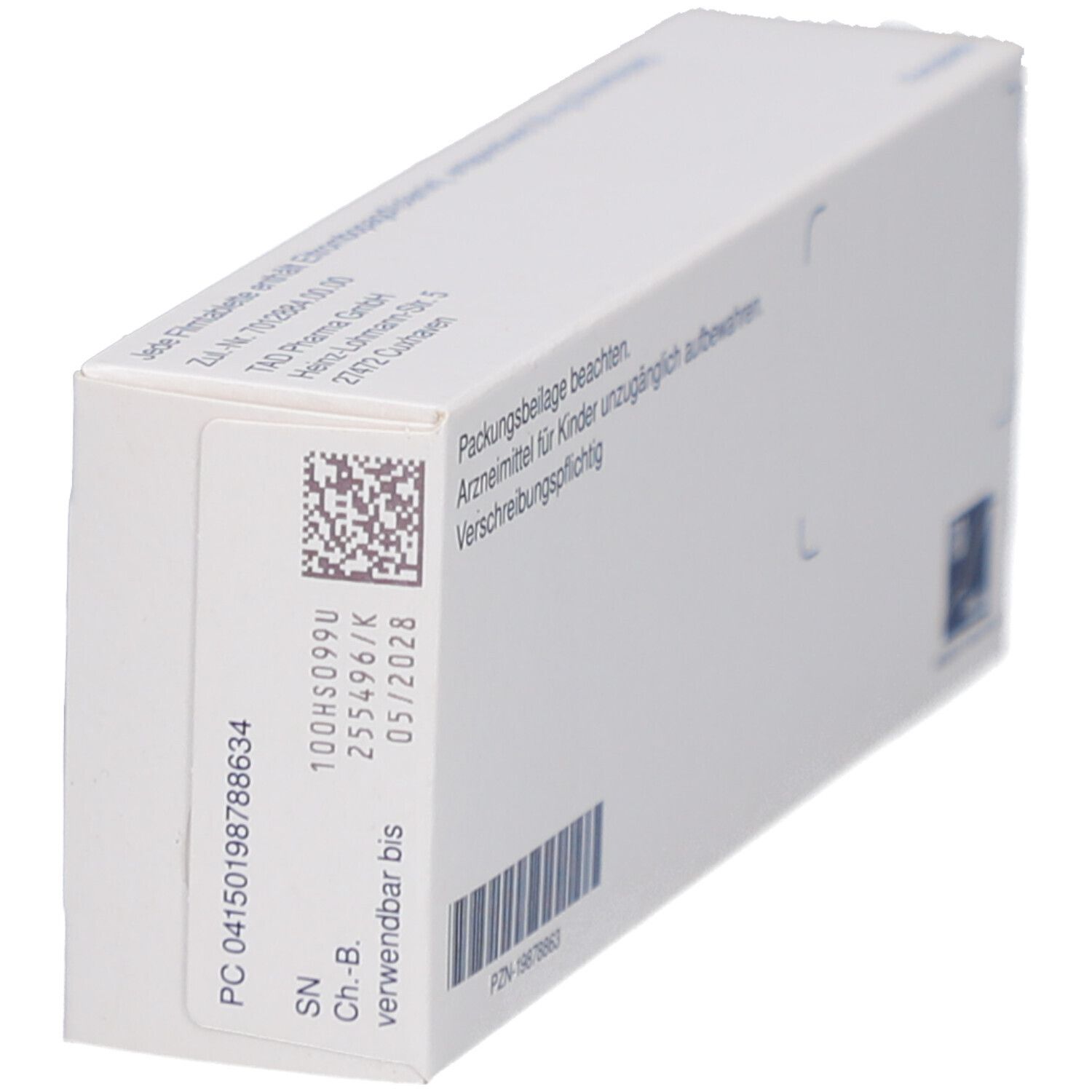 Schachtel mit Informationen. Barcode, Verfallsdatum und TAD Pharma Logo. Aufschrift: 14 Filmtabletten.