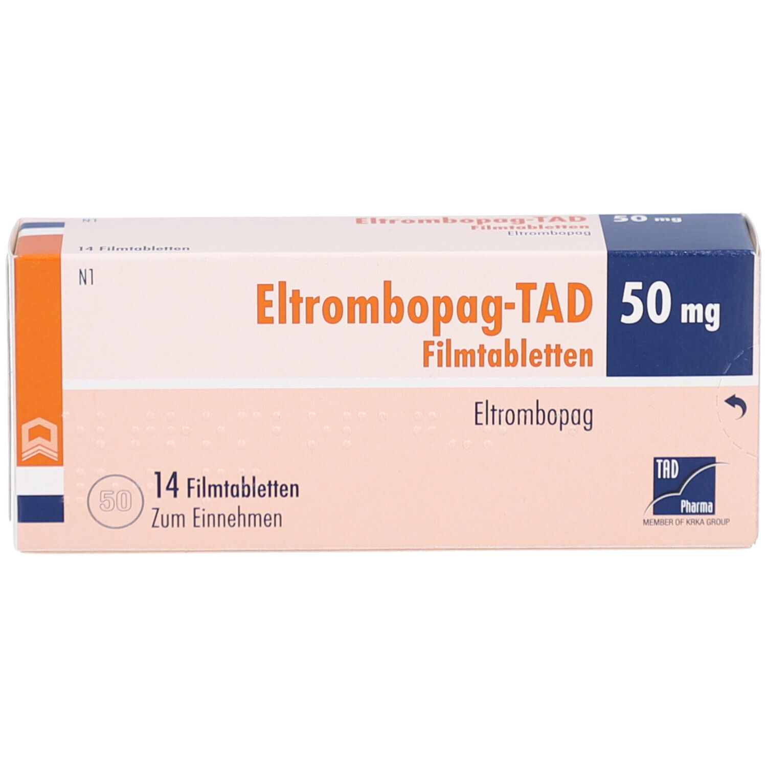 Schachtel ELTROMBOPAG-TAD 50 mg Filmtabletten. Aufschrift: 14 Filmtabletten. TAD Pharma Logo. Orange und blaue Akzente.
