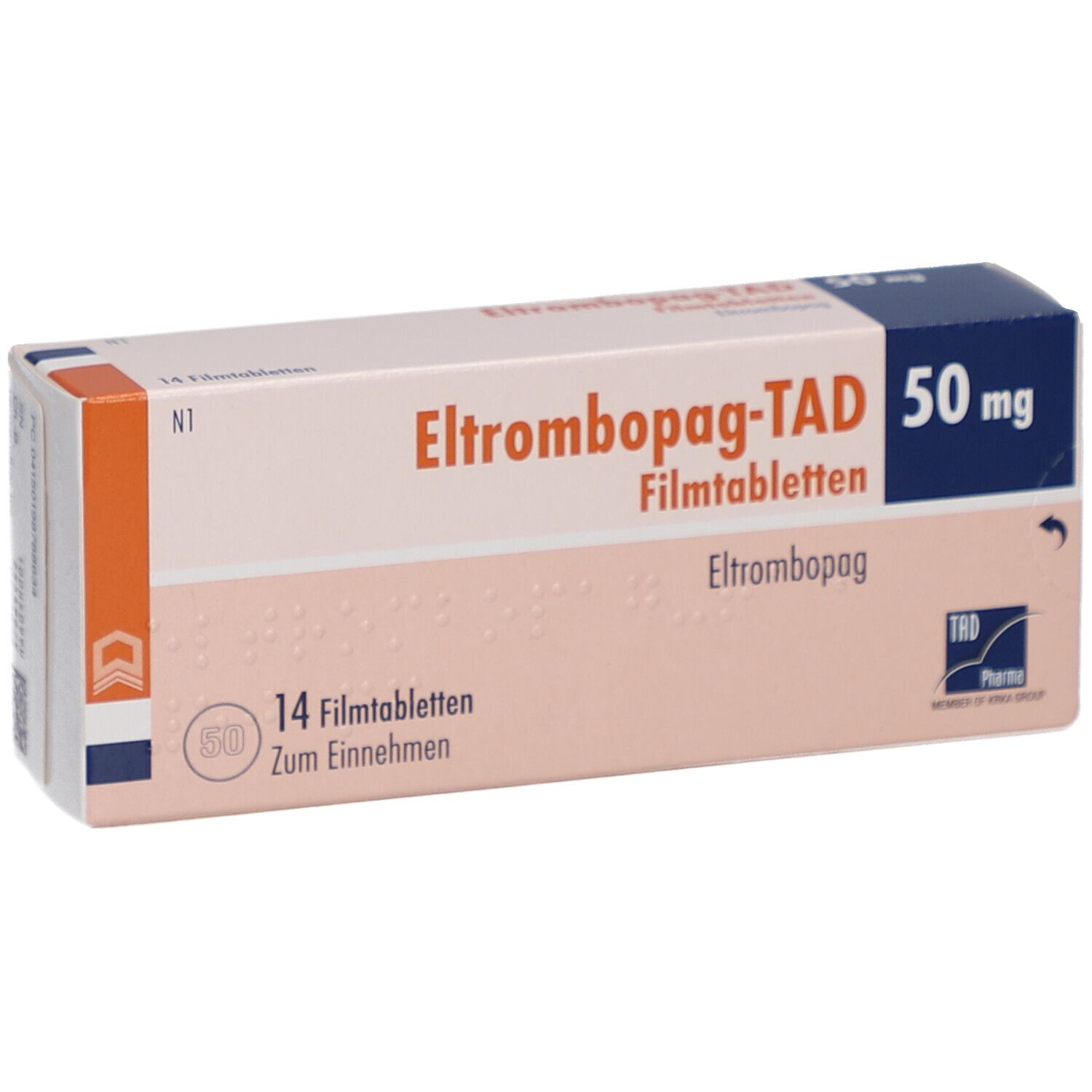 Schachtel ELTROMBOPAG-TAD 50 mg Filmtabletten. Aufschrift: 14 Filmtabletten. TAD Pharma Logo. Orange und blaue Akzente.